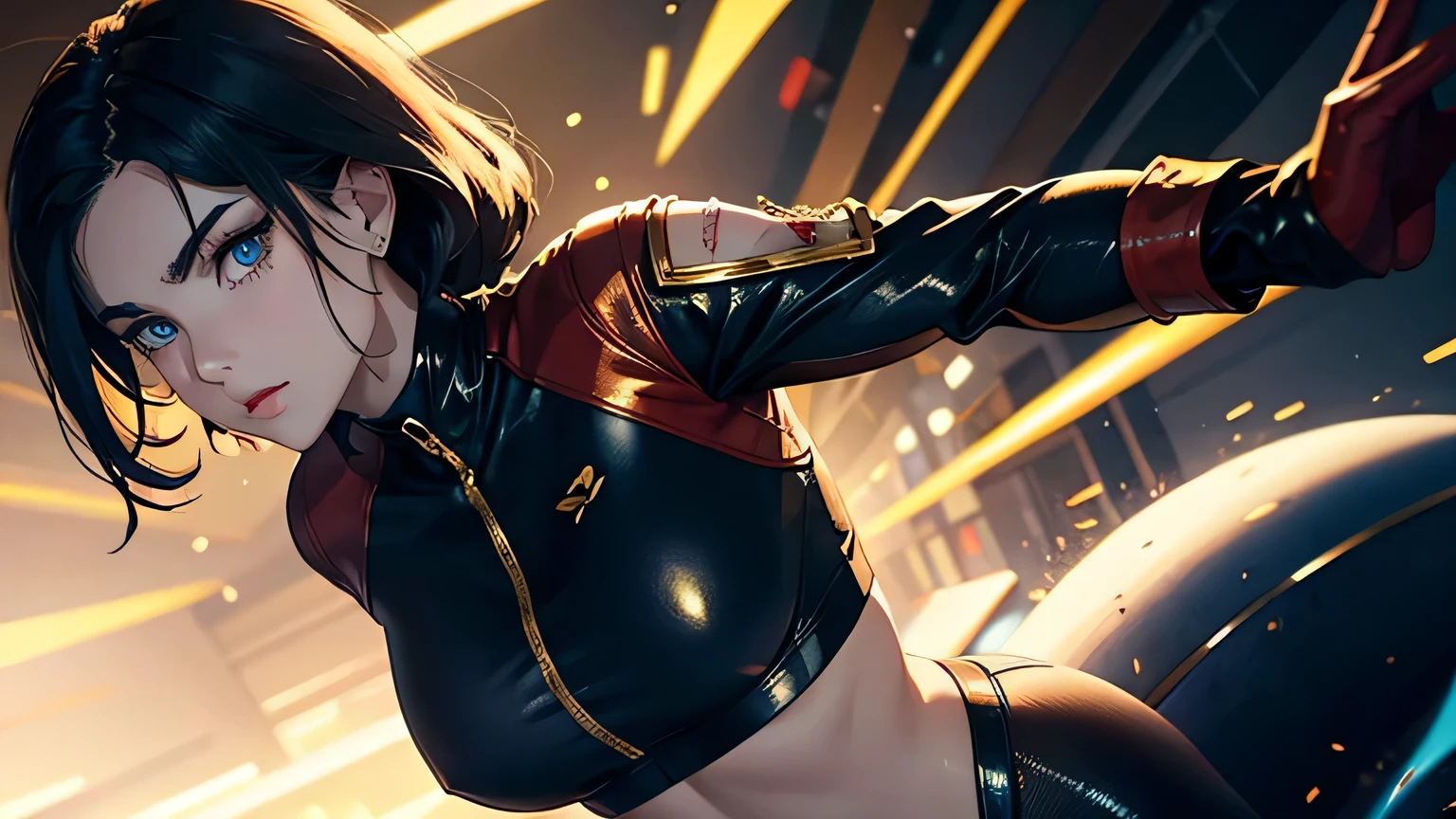 The image depicts Chun-Li in a qipao. The sheer fabric qipao is vibrant red in color, with gold embroidery accents and short skirt that allows freedom of movement for its powerful kicks. She also wears white socks and boots, further enhancing her sleek appearance. (((erect nipple))), ((areolas)), (Korean(kpop idol)), ((puffy eyes)), powerful Street Fighter fighters, in a dynamic and intense confrontation. fighters are immersed in a dynamic pose. Cammy performs an acrobatic leap in the air, displaying her agility and dexterity. She swings her leg back, bracing herself for a precise kick. Her long black hair floats in the wind, giving her an imposing appearance. The image is set in a nighttime urban setting, with neon-lit streets and tall buildings in the background. The bright lights cast dramatic shadows over the fighters, highlighting their tense muscles and determined expressions. Sparks and motion effects add a touch of dynamism to the scene, capturing the energy of confrontation. (nsfw)