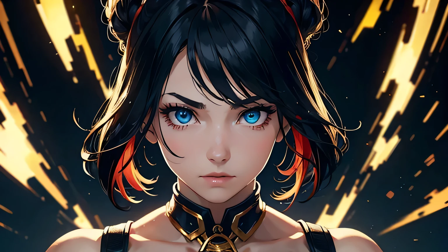 4K, A high resolution, Best quality at best, masterpiece, perfect colors, perfect shadow, perfect litthing, ((sportrait)), 1woman, fit body, heterochromia eyes,dark blue hair , blue eyes, With round lenses, The audience watched carefully, (s face: 1.2), Perfect female figure, ((dynamic pose)), ((gold and red Tight crop top gold and red leather suit)), ((shy and looking at viewert)), (Perfect thick white eyebrows) Delicate fur, 详细s face, s the perfect face, , (dynamic pose), cyberpunk abstract background, ((Bonifasko lighting)), (The round lenses on his eyes)(detailed eyes), Perfect student, ((face close up))