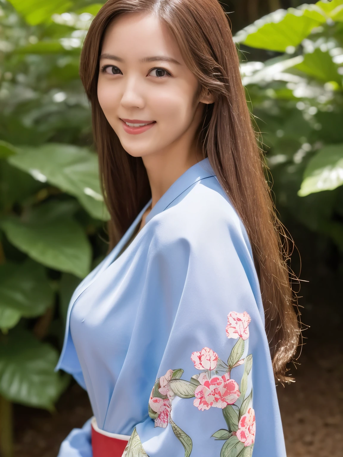 (best quality,highres,ultra-detailed),((portrait )),8k, 1girl, solo,smiling,slender ,upper body shot,wearing Kimono, in a botanic garden