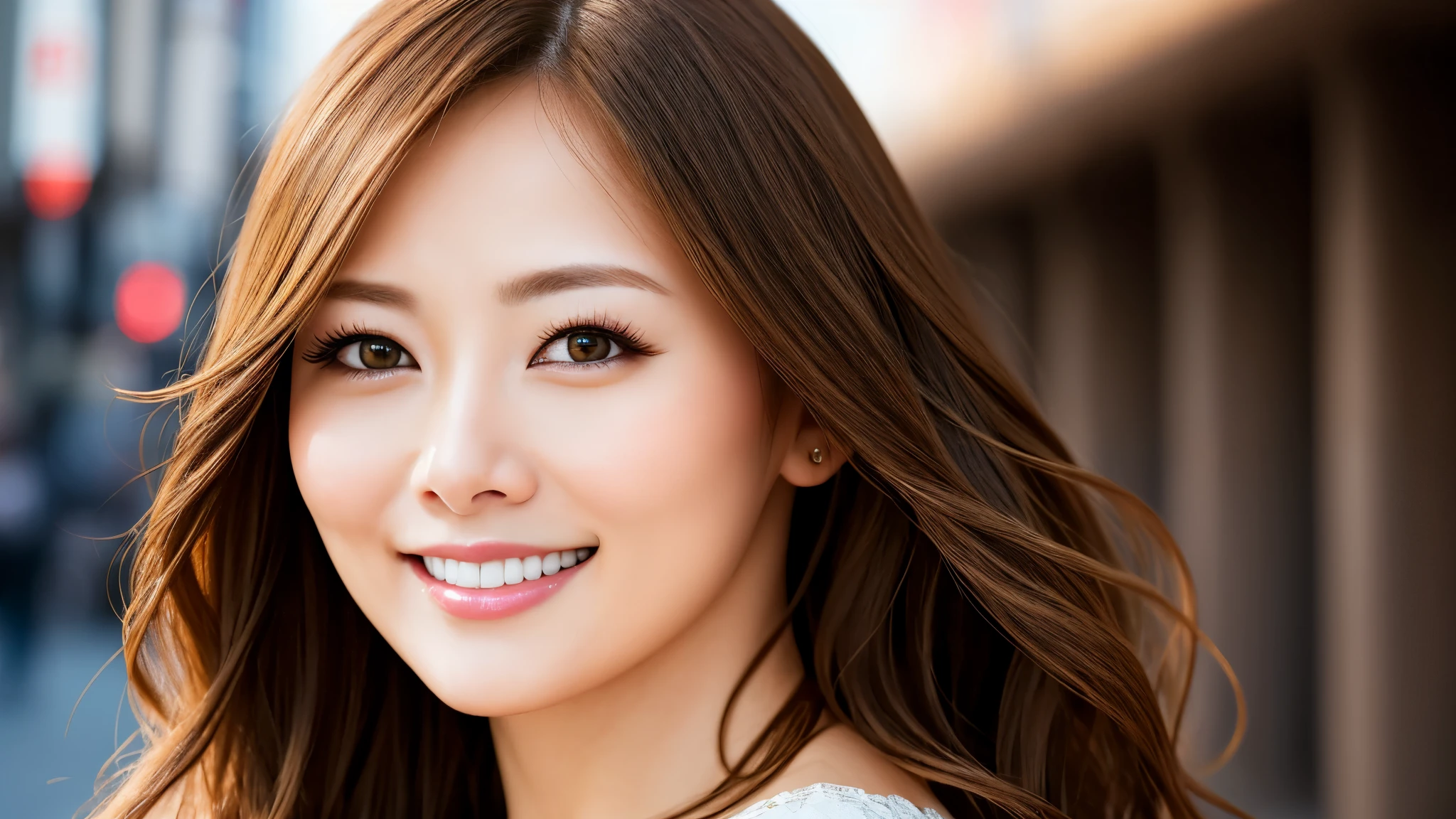 masterpiece, Best Quality, Photorealistic, Ultra-detailed, finely detailed, High resolution, 8K Wallpaper, 1 beautiful woman, light brown hair, sharp focus, Perfect dynamic composition, Beautiful detailed eyes, detailed hairs, Detailed realistic skin texture, Smiling, portrait, Model body type, Take a walk on Tokyo city,