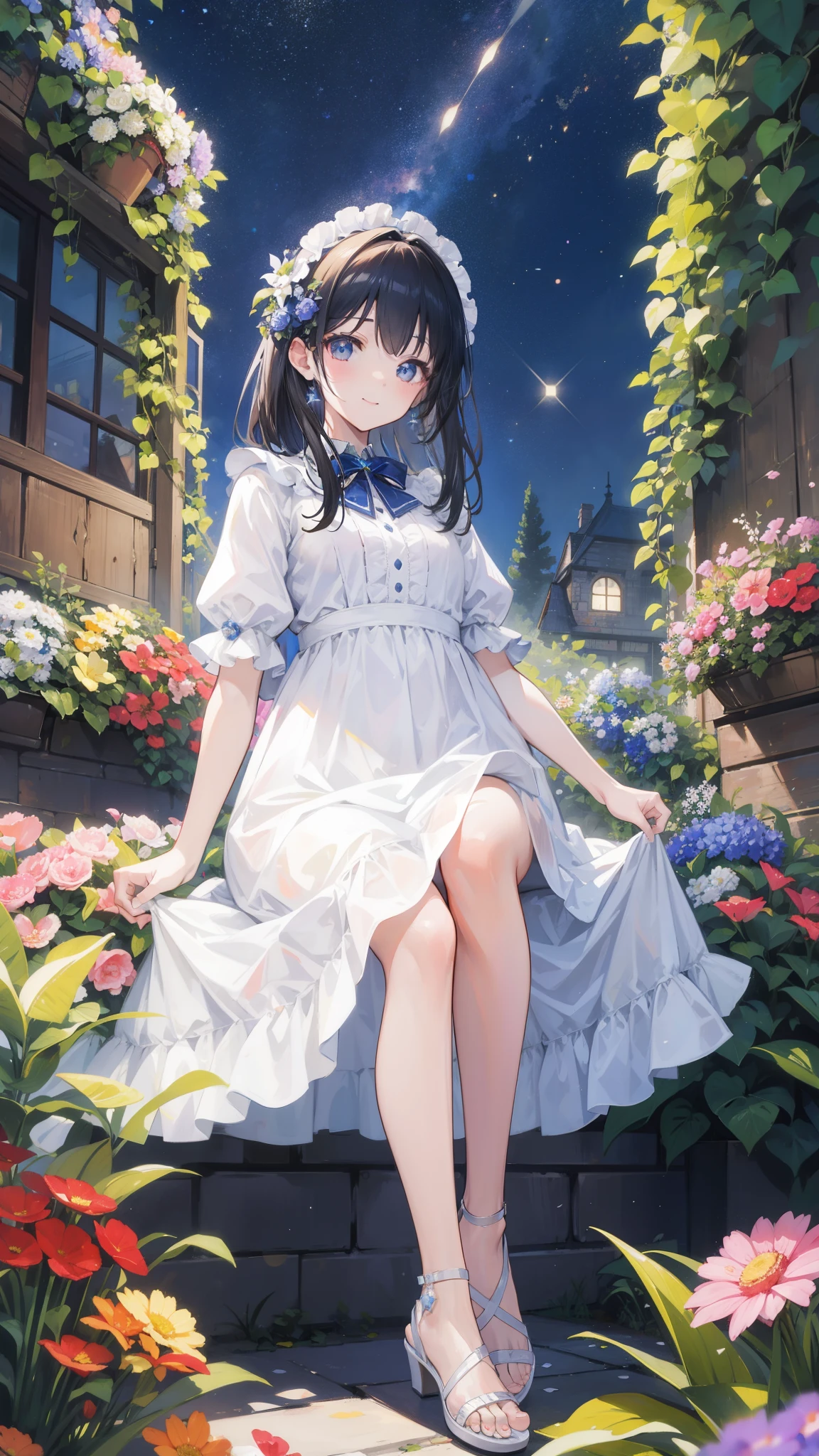 32k, highest quality, expensive_solve, clear_image, detailed background, cute girl, flower, garden, starry sky, Beautiful modeling, smile, 