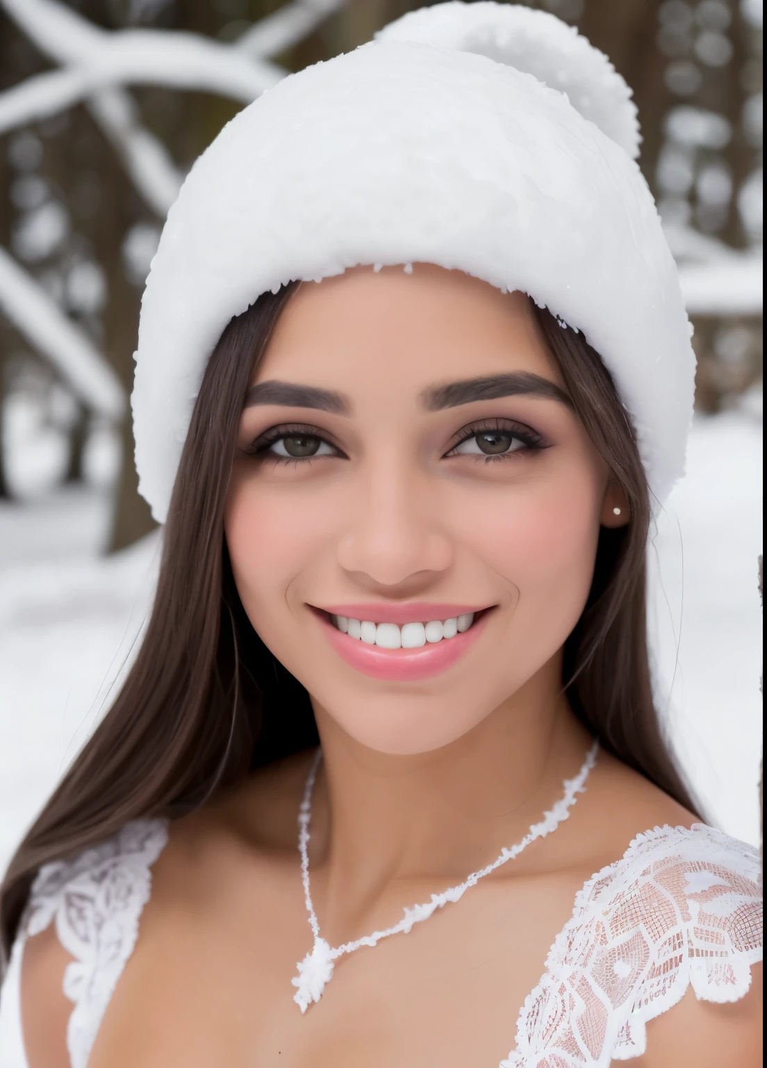 Beldel, fotografia de uma mulher parada do lado de fora, inverno, (neve:1.2), camisa branca, (rosto detalhado), sorriso suave, detailed iris, olhos detalhados, Corpo todo,
film grain, textura natural da pele,