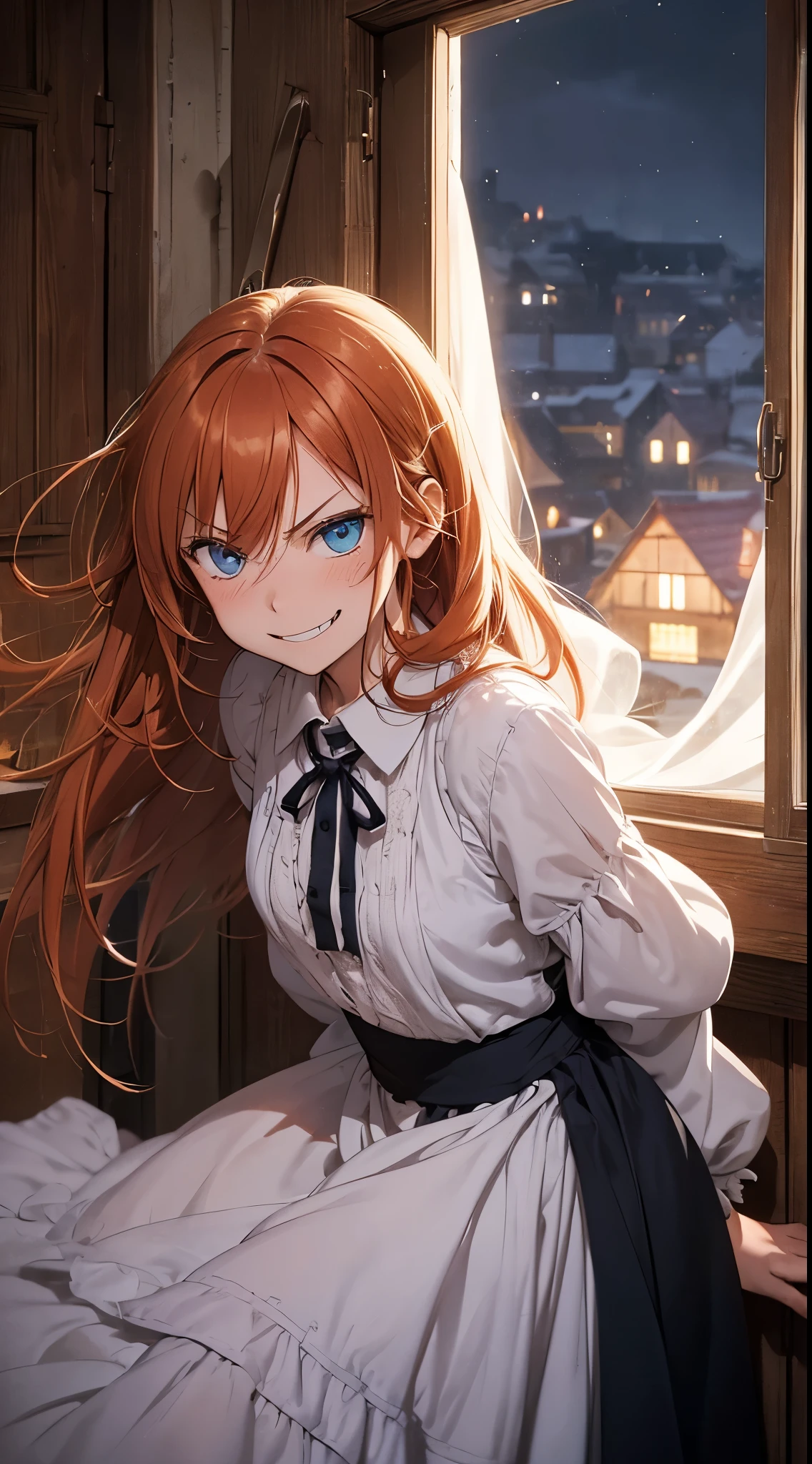 1girl, hovering in the window frame, hovers outside the window, opened window, looking to the camera, (solo), night background, medieval House, medieval era, medieval window, wearing sleaping night dress, ripped clothes, wide smile, long messy ginger hair, (angry smile face expression:1.35), angry smile, wide open mouth 