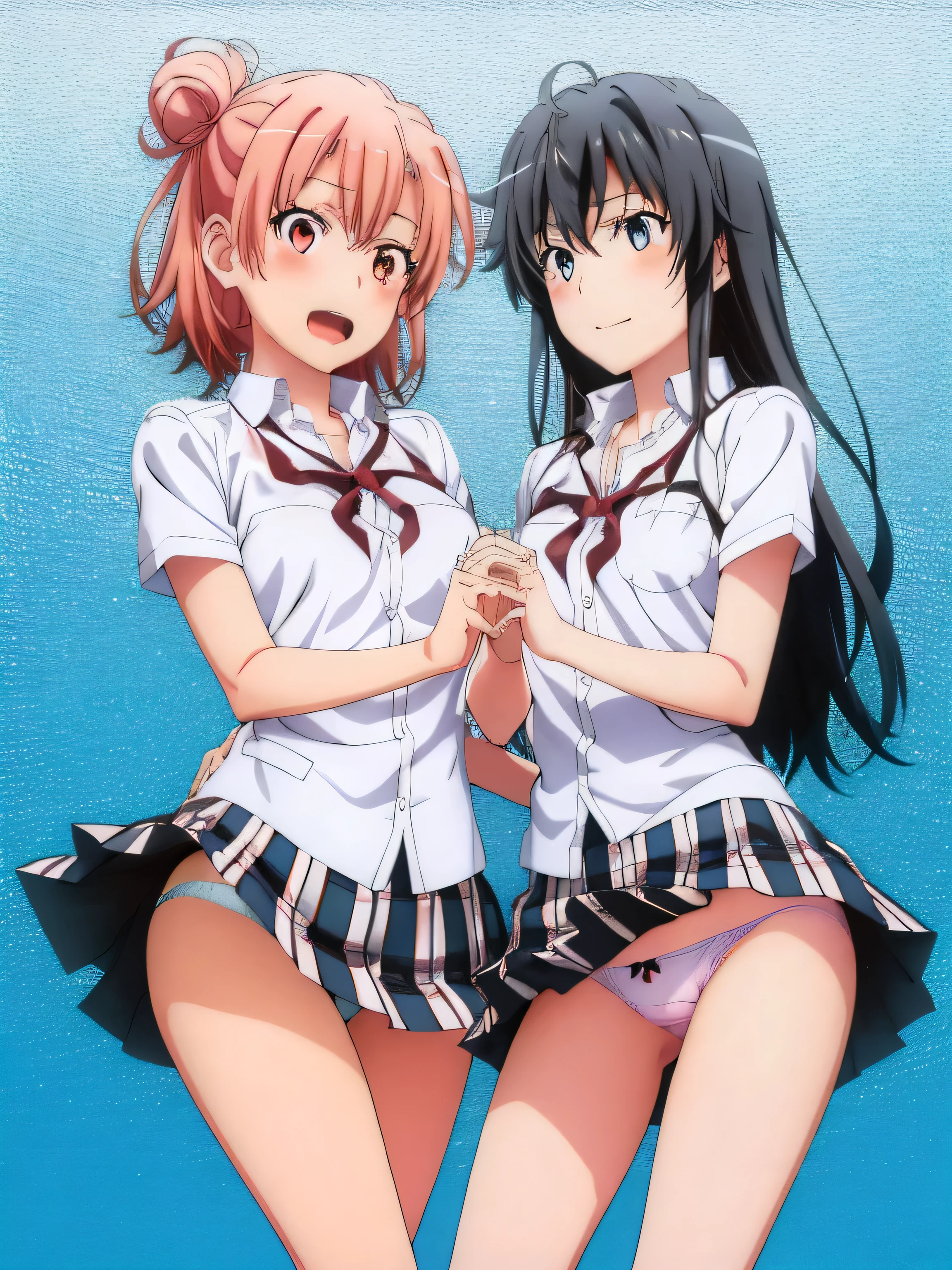 2 girls , Yukinoshita Yukino , Yuigahama Yui , waltz dance , school uniform,check skirt,(check skirt捲れる),(white panties),(pink panties),