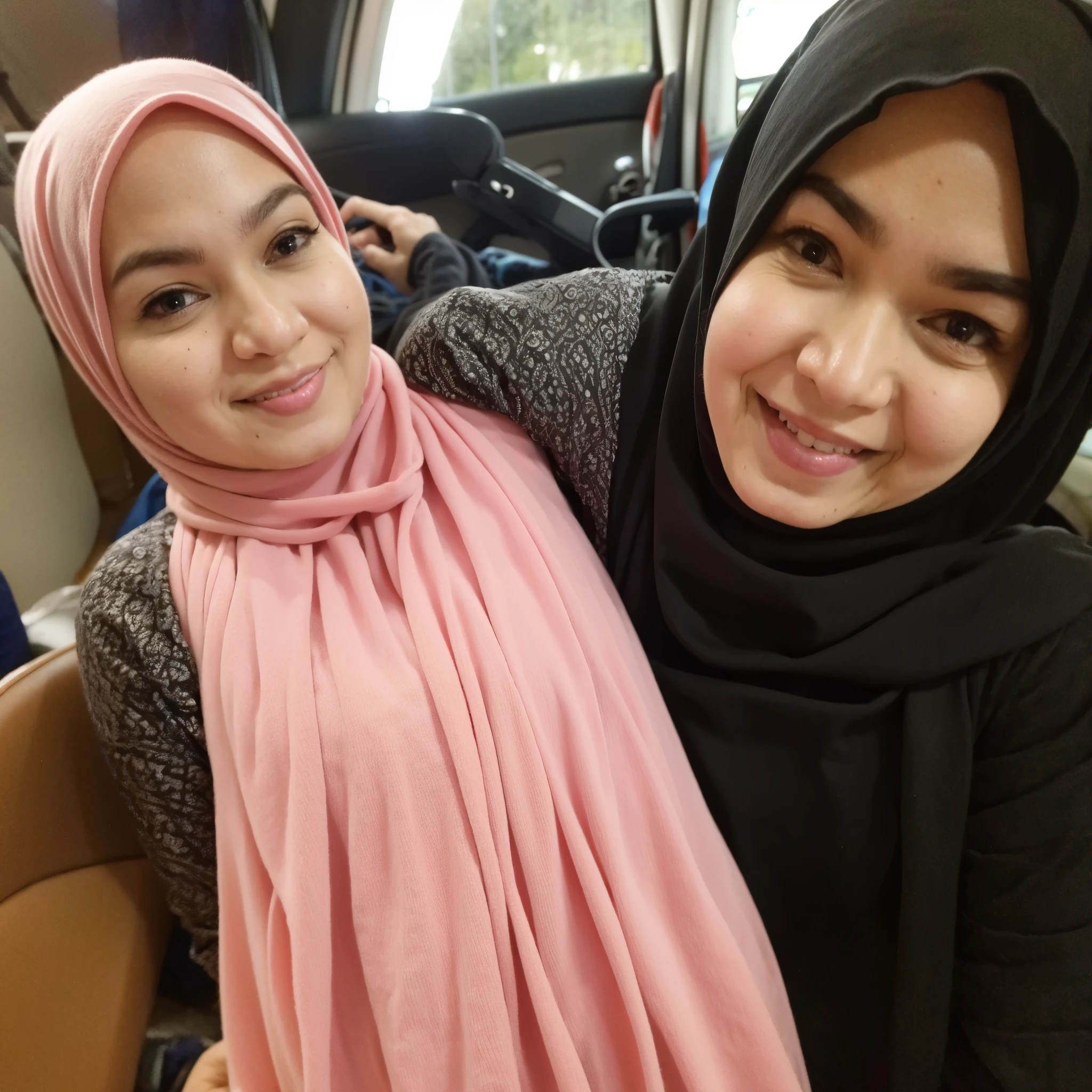 extreme close up of two beautiful hijab indonesian lesbian girl laying down,bra and panties,hugging,french kiss,lesbian sex,,in a car,look to the viewer