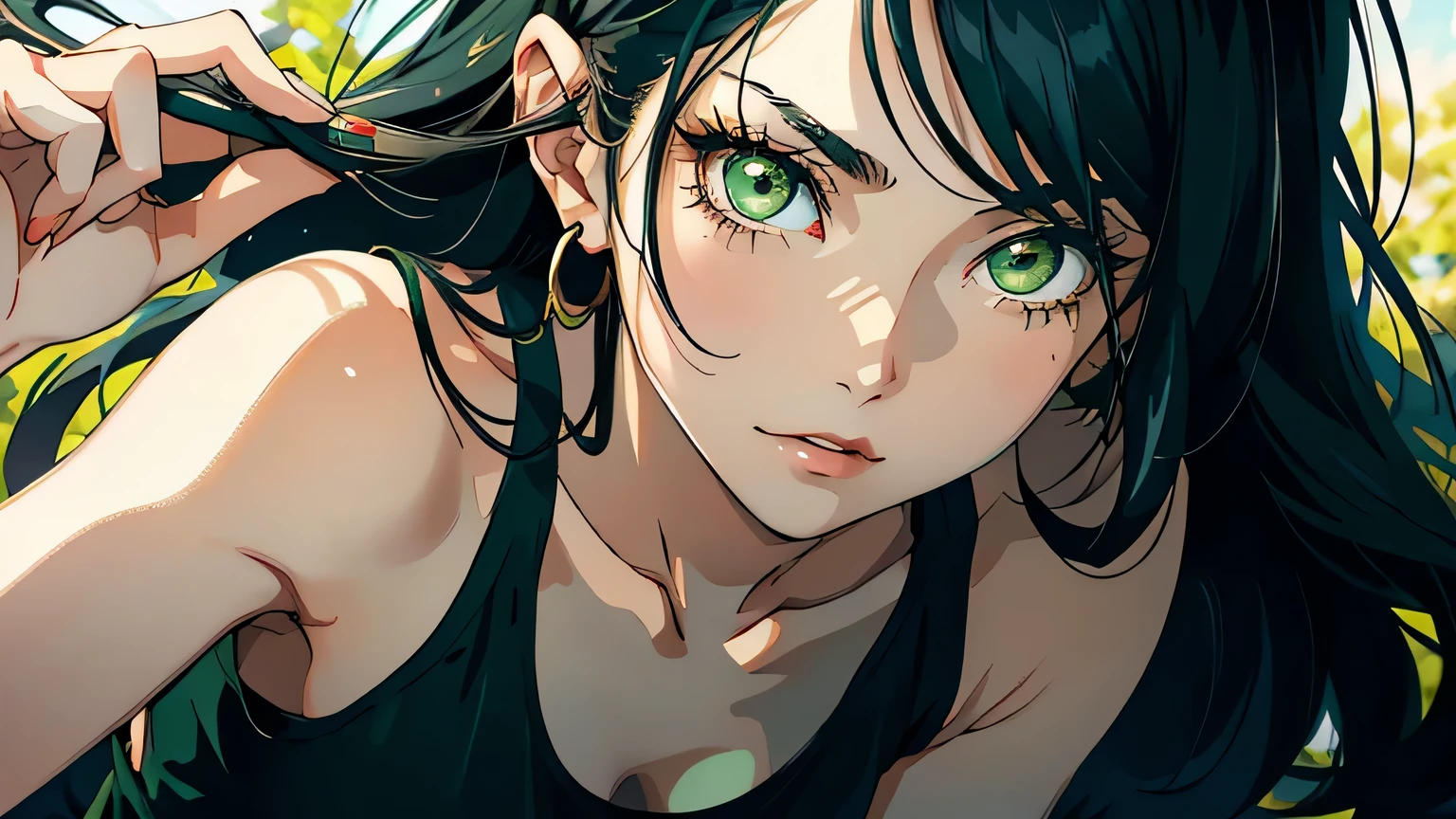 ((masterpiece, best quality)), (1girl, anime girl in retro style),(mature), (solo), (female focus), (black hair, long hair, straight hair),((green eyes, sharp eyes)) ((exposed shoulder, tank top)), pale skin, evil, vicious, portraits, close up, upper body, vibrant colors, soft lighting