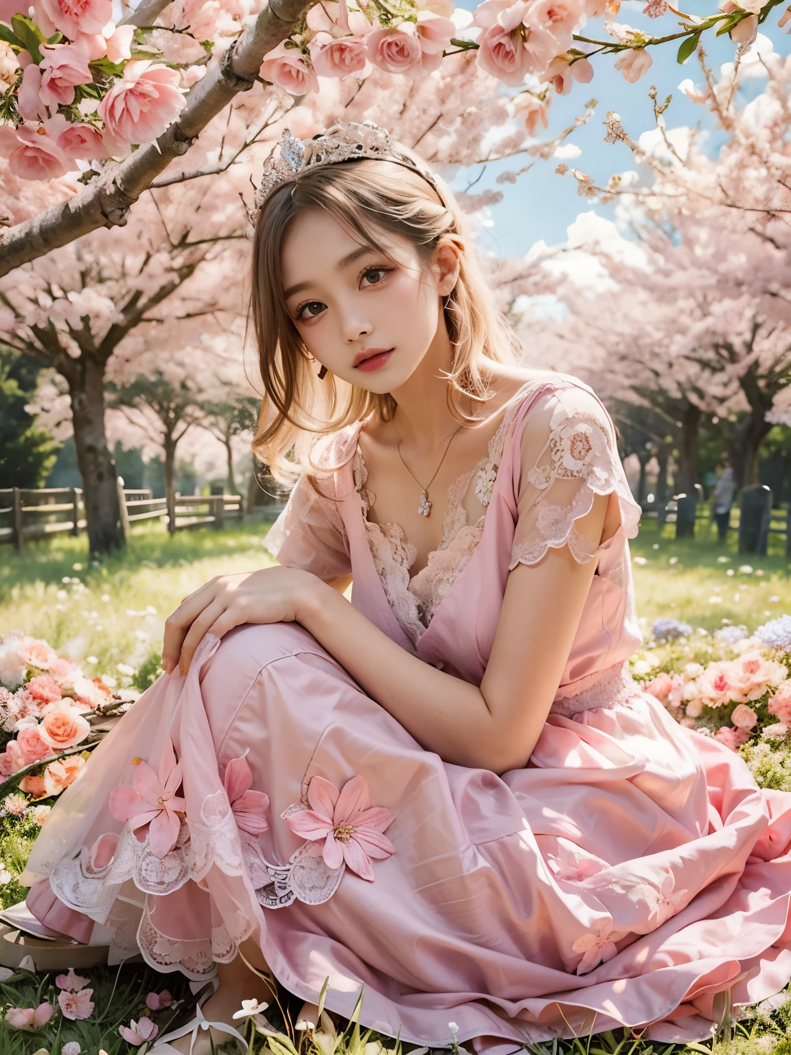 raw photo, 8k, (top-quality), Realistic, (real picture, Intricate details, depth of field), (natural skin texture, detailed skin, hyper realism, sharpness), photorealistic, high resolution, Japanese girl sitting under cherry blossom, solo, hips up, look at viewer, (detailed face), ((Fair skin)), (pink straight hair), blunt bungs, (light pink dress, lace dress, pink flower tiara), in the field of flowers, jewelry, day light, soft lighting:1.3