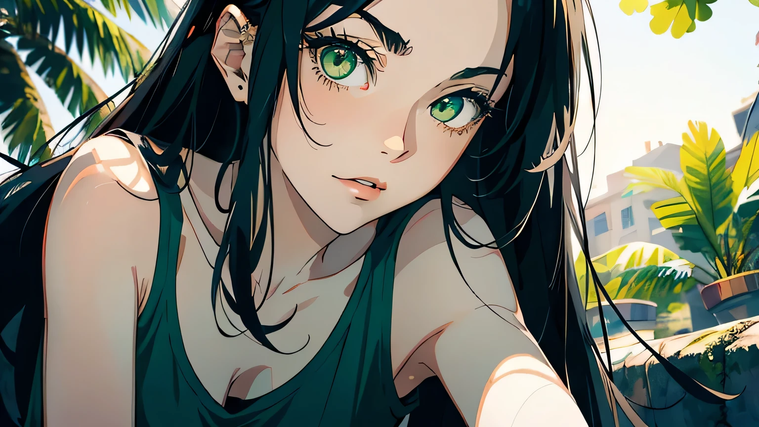 ((masterpiece, best quality)), (1girl, anime girl in retro style),(mature), (solo), (female focus), (black hair, long hair, straight hair),((green eyes, sharp eyes)) ((exposed shoulder, tank top)), pale skin, evil, vicious, portraits, close up, upper body, vibrant colors, soft lighting