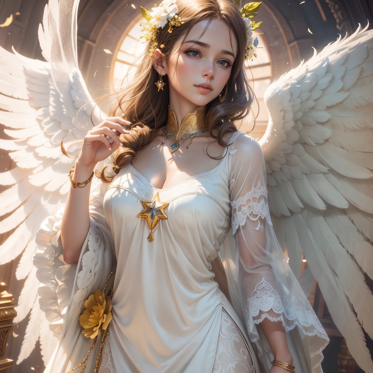 masterpiece, highest quality, 8k, real person, realistic, Very detailed CG, shiny skin, Fully focused, heaven, glory of god, shine, Angel, bless, happiness,