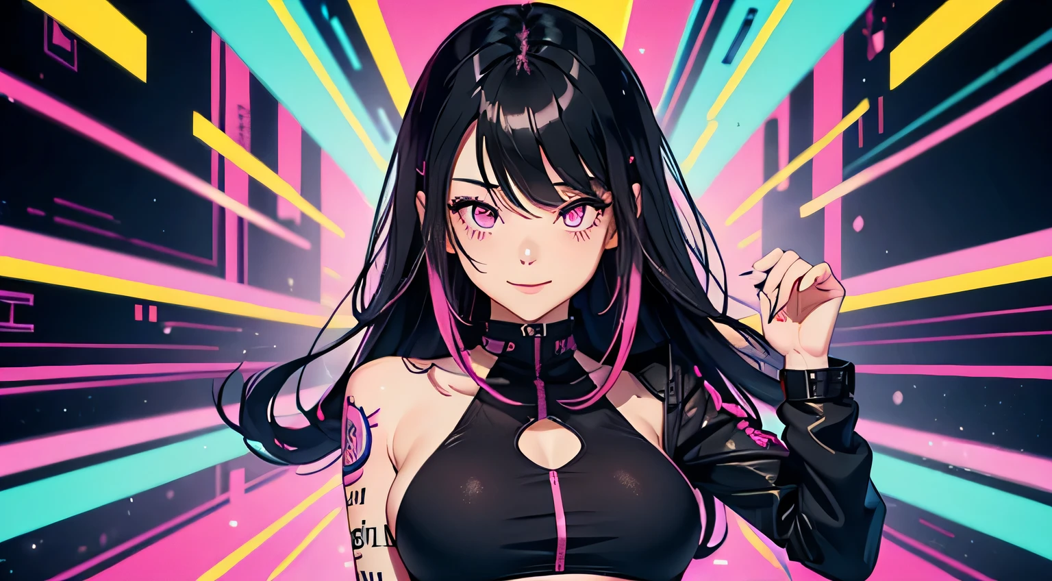 1 girl, solo, long_hair, bangs_between_the_eyes black_hair_with_strands_pink, bi_color_ pink_neon eyes, sexy_face, cyberpunk_clothes, short_jacket, navel appears, short_skirt, scarred_legs, left_arm_band, tattoo_above_navel_background_of_abstract colorful pop art, manga_style_image, big breast, face closeup shot, dynamic pose, shy smile