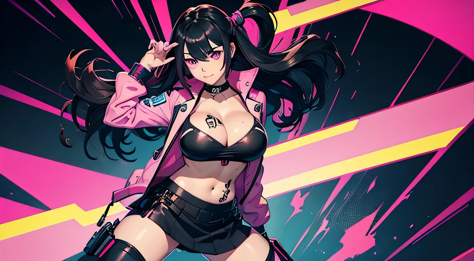 1 girl, solo, long_hair, bangs_between_the_eyes black_hair_with_strands_pink, bi_color_ pink_neon eyes, sexy_face, cyberpunk_clothes, short_jacket, navel appears, short_skirt, scarred_legs, left_arm_band, tattoo_above_navel_background_of_abstract colorful pop art, manga_style_image, big breast, face closeup shot, dynamic pose, shy smile