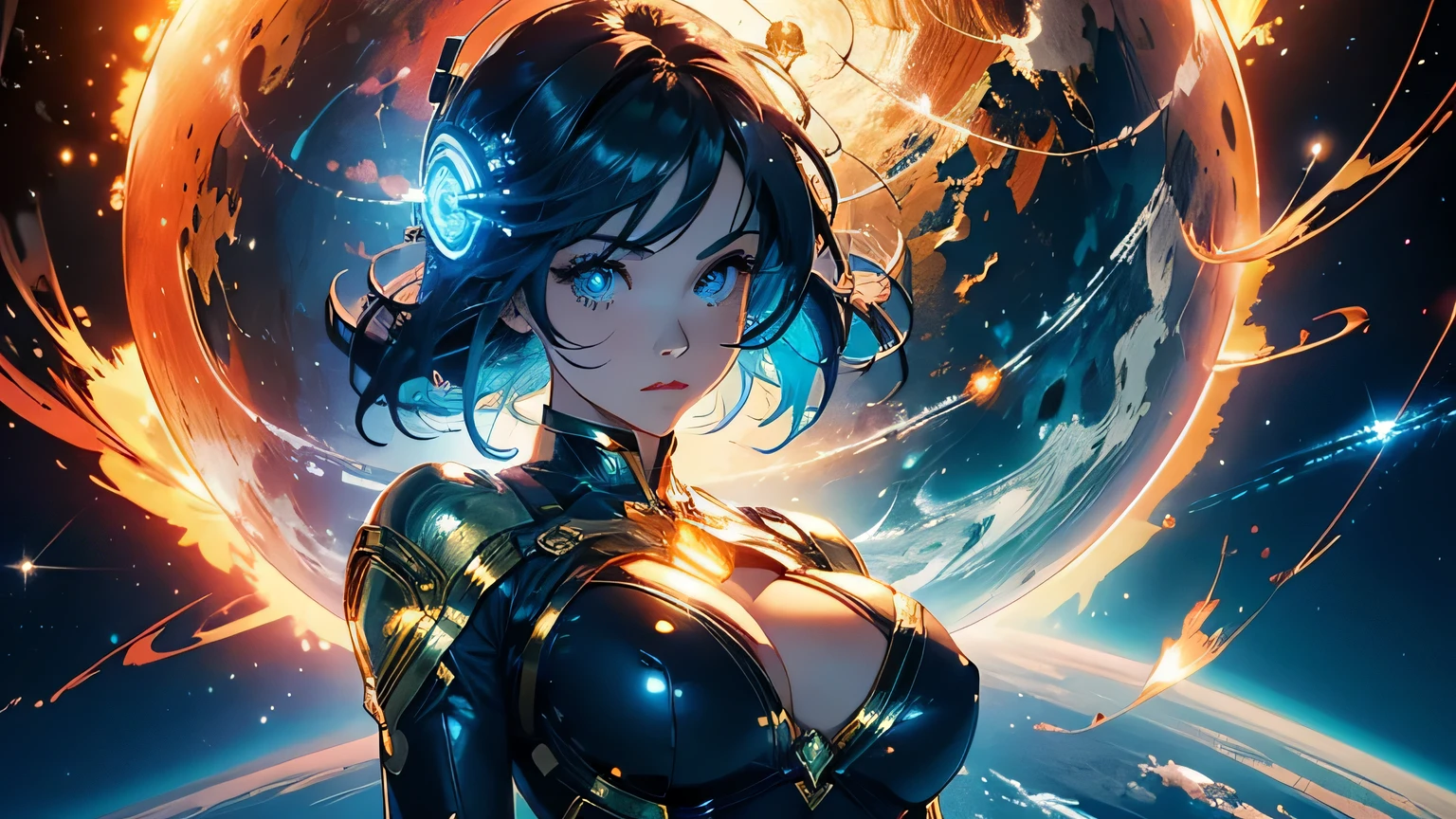 (masterpiece), best quality, a cute girl floating in the space holding a planet, ((holding)), sphere, ((glow, planet glow)), perfect face, expressive eyes, (blue Tight crop top gold leather suit), (big breast), (open half breast), , spiral galaxy, astronomy wallpaper, happy, colorful, exciting, gorgeous, blue giant star, cowboy shot, cosmic, cosmos 4k, shiny, perfect light, glowing sphere BREAK is a cute girl on space, she is holding a glwoing sphere with the two hands, she is wearing a white space suit, she has blue hair, red eyes, red giant star, sun like star, shine, BREAK vivid colors, bright,shiny, cool colors, dramatic lighting, artistic, creative, digital art, wallpaper, (glowing eyeagical, impossible, good vibes, good emotions, adventure, (solo, alone,1girl), big breast, open half breast