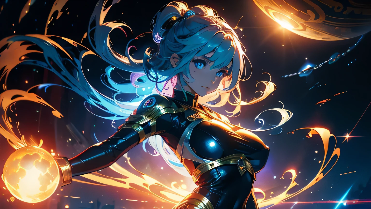 (masterpiece), best quality, a cute girl floating in the space holding a planet, ((holding)), sphere, ((glow, planet glow)), perfect face, expressive eyes, (blue Tight crop top gold leather suit), (big breast), (open half breast), , spiral galaxy, astronomy wallpaper, happy, colorful, exciting, gorgeous, blue giant star, cowboy shot, cosmic, cosmos 4k, shiny, perfect light, glowing sphere BREAK is a cute girl on space, she is holding a glwoing sphere with the two hands, she is wearing a white space suit, she has blue hair, red eyes, red giant star, sun like star, shine, BREAK vivid colors, bright,shiny, cool colors, dramatic lighting, artistic, creative, digital art, wallpaper, (glowing eyeagical, impossible, good vibes, good emotions, adventure, (solo, alone,1girl), big breast, open half breast