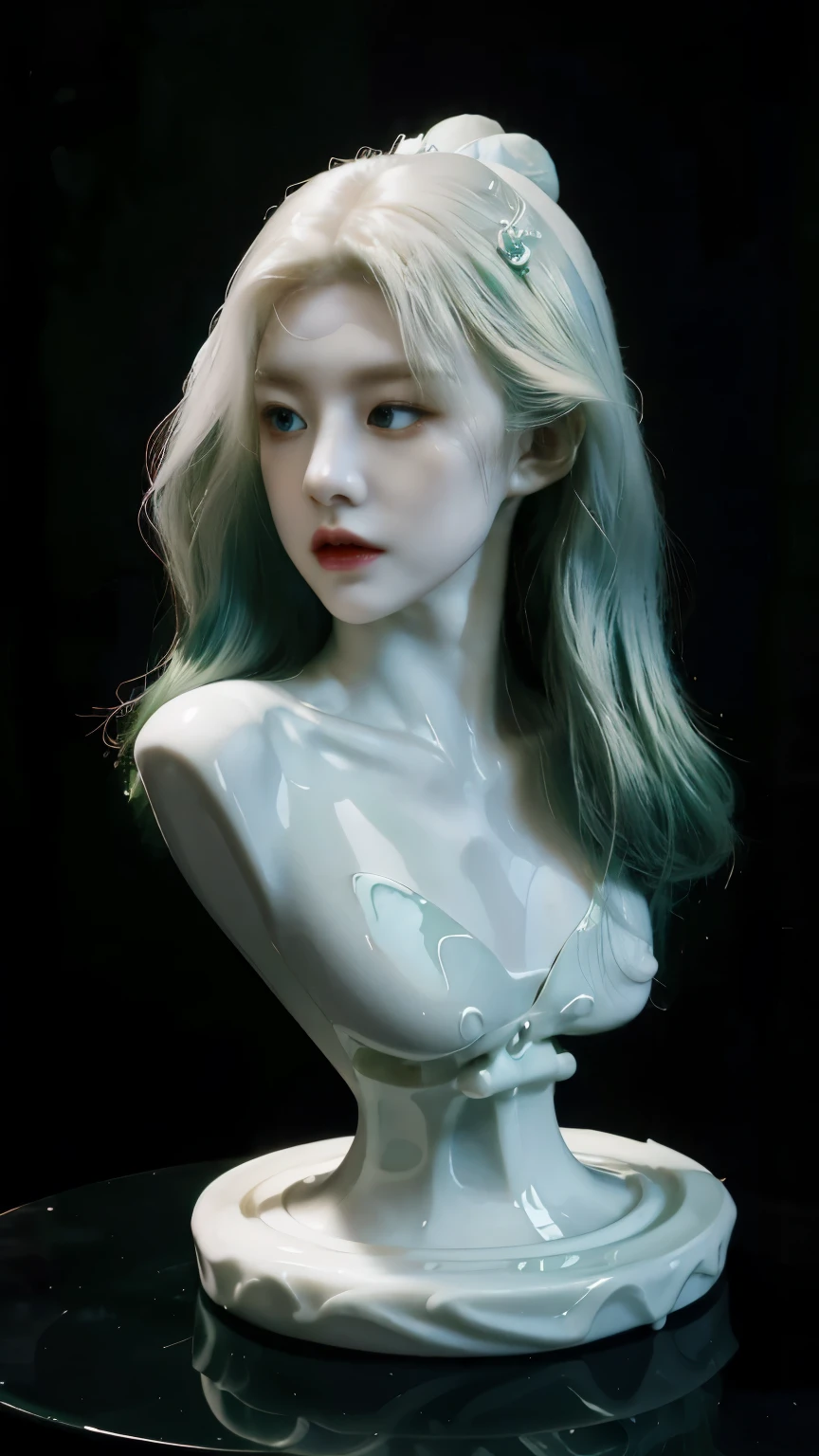 Close-up of a green-haired woman's jade statue., pale milky white porcelain skin, porcelain white skin, pale porcelain white skin, porcelain robot, She was a beautiful woman with alabaster skin., flowing green hair, The chest has a beautiful neck., Pale porcelain skin, white porcelain skin, The chest has a beautiful long neck., porcelain skin. Studio Ghibli
