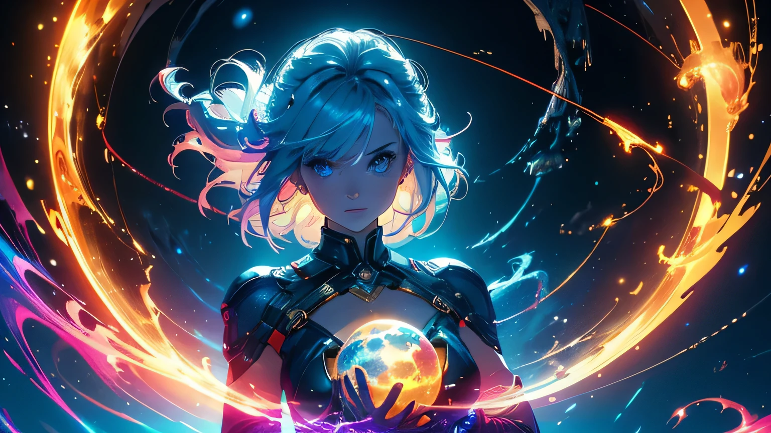 (masterpiece), best quality, a cute girl floating in the space holding a planet, ((holding)), sphere, ((glow, planet glow)), perfect face, expressive eyes, (blue Tight crop top gold leather suit), (Medium breast), (open half breast), , spiral galaxy, astronomy wallpaper, happy, colorful, exciting, gorgeous, blue giant star, cowboy shot, cosmic, cosmos 4k, shiny, perfect light, glowing sphere BREAK is a cute girl on space, she is holding a glwoing sphere with the two hands, she is wearing a white space suit, she has blue hair, red eyes, red giant star, sun like star, shine, BREAK vivid colors, bright,shiny, cool colors, dramatic lighting, artistic, creative, digital art, wallpaper, (glowing eyeagical, impossible, good vibes, good emotions, adventure, (solo, alone,1girl)\