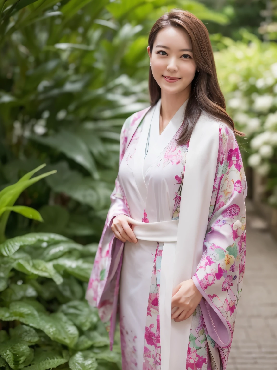 high quality,8k, 1girl, solo,smiling,slender ,upper body shot,wearing Kimono, in a botanic garden