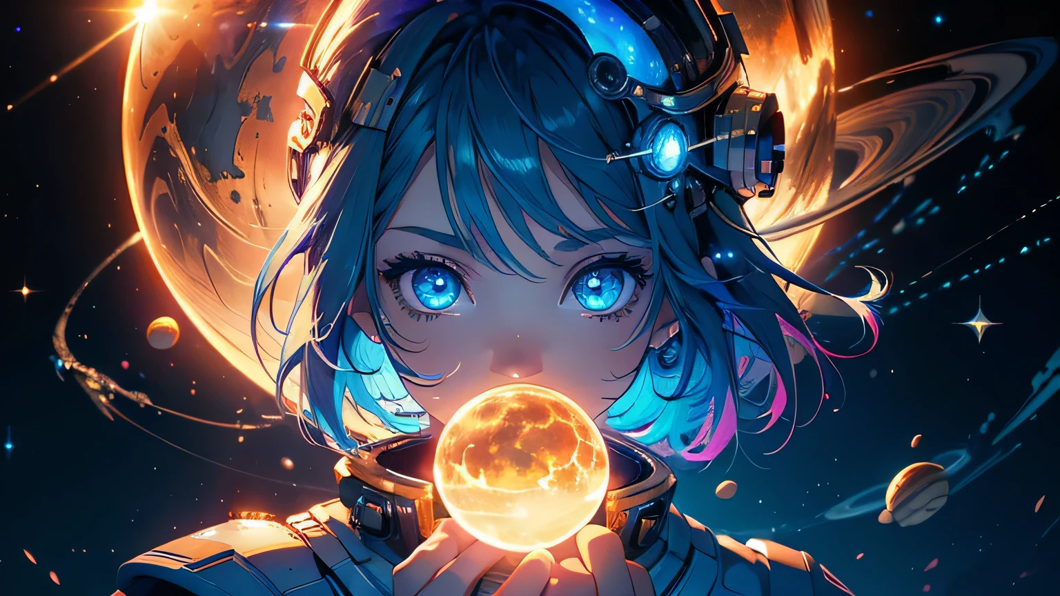 (masterpiece), best quality, a cute girl floating in the space holding a planet, ((holding)), sphere, ((glow, planet glow)), perfect face, expressive eyes, space suit, austronaut helmet, spiral galaxy, astronomy wallpaper, happy, colorful, exciting, gorgeous, blue giant star, cowboy shot, cosmic, cosmos 4k, shiny, perfect light, glowing sphere BREAK is a cute girl on space, she is holding a glwoing sphere with the two hands, she is wearing a white space suit, she has blue hair, red eyes, red giant star, sun like star, shine, BREAK vivid colors, bright,shiny, cool colors, dramatic lighting, artistic, creative, digital art, wallpaper, (glowing eyeagical, impossible, good vibes, good emotions, adventure, (solo, alone,1girl)\