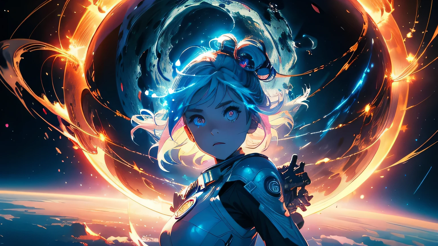 (masterpiece), best quality, a cute girl floating in the space holding a planet, ((holding)), sphere, ((glow, planet glow)), perfect face, expressive eyes, space suit, austronaut helmet, spiral galaxy, astronomy wallpaper, happy, colorful, exciting, gorgeous, blue giant star, cowboy shot, cosmic, cosmos 4k, shiny, perfect light, glowing sphere BREAK is a cute girl on space, she is holding a glwoing sphere with the two hands, she is wearing a white space suit, she has blue hair, red eyes, red giant star, sun like star, shine, BREAK vivid colors, bright,shiny, cool colors, dramatic lighting, artistic, creative, digital art, wallpaper, (glowing eyeagical, impossible, good vibes, good emotions, adventure, (solo, alone,1girl)\