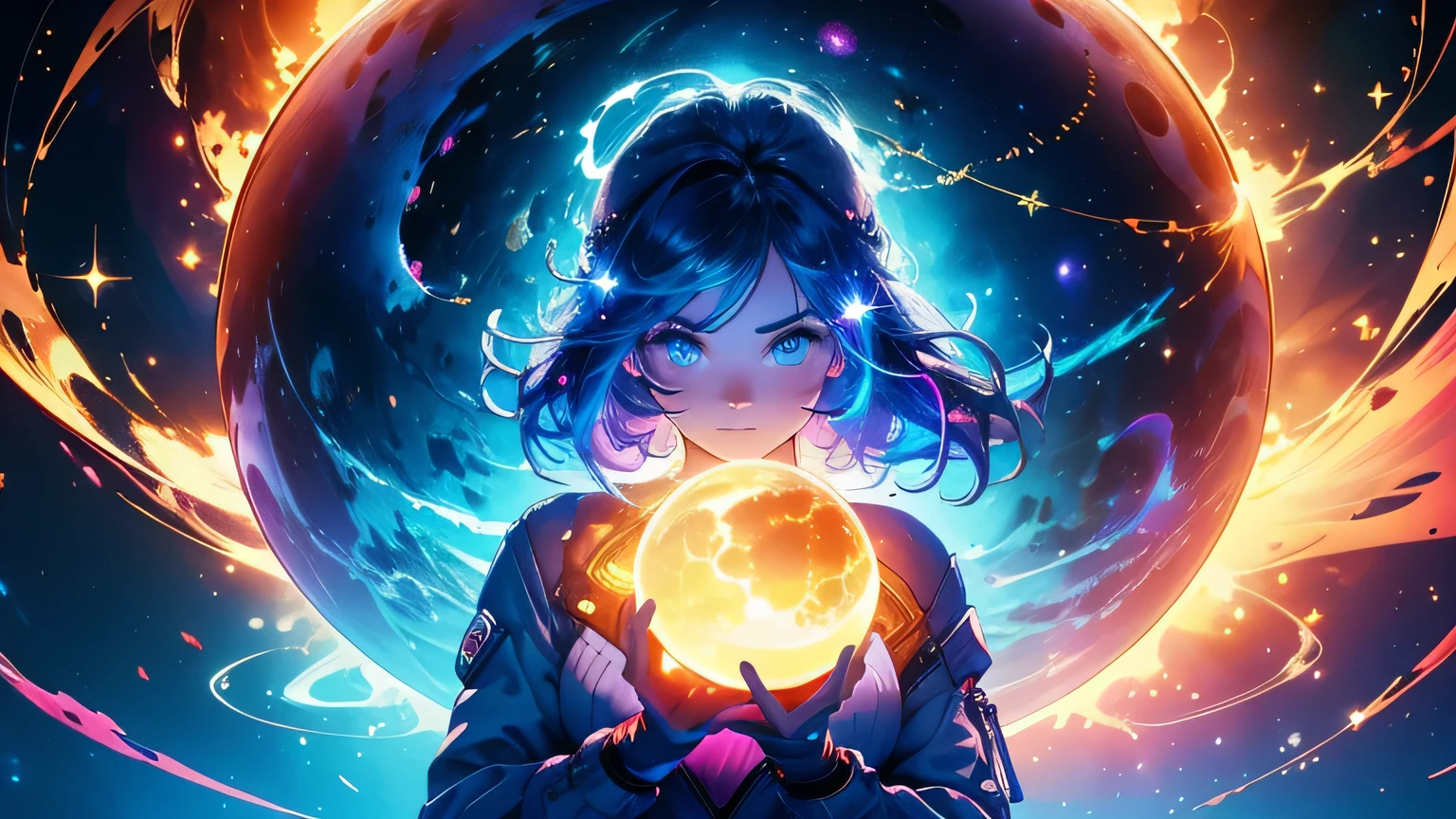 (masterpiece), best quality, a cute girl floating in the space holding a planet, ((holding)), sphere, ((glow, planet glow)), perfect face, expressive eyes, space suit, austronaut helmet, spiral galaxy, astronomy wallpaper, happy, colorful, exciting, gorgeous, blue giant star, cowboy shot, cosmic, cosmos 4k, shiny, perfect light, glowing sphere BREAK is a cute girl on space, she is holding a glwoing sphere with the two hands, she is wearing a white space suit, she has blue hair, red eyes, red giant star, sun like star, shine, BREAK vivid colors, bright,shiny, cool colors, dramatic lighting, artistic, creative, digital art, wallpaper, (glowing eyeagical, impossible, good vibes, good emotions, adventure, (solo, alone,1girl)\