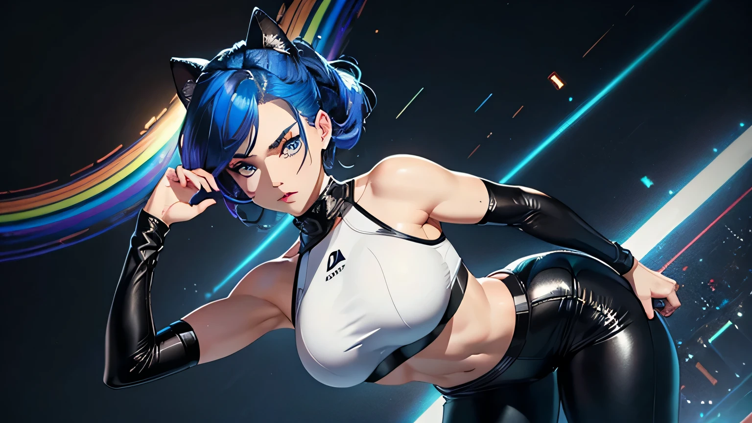 depiction of a cyberpunk cat girl, using a neon color palette of blues, greens, and purples, cyberpunk, android girl, background, score_7_up, score_8_up, score_9, abstract, cyberpunk background, detailed eyes, one cute fang, cybernetic implants, android, slit pupils, cat eyes silhouette, 1girl, score_9, score_8_up, score_7_up, highres, masterpiece, cowboy shot, young girl, tinyy proportions, loli:1.5, tinyy chest, skimpy neon hologram cyberpunk outfit, high cut, cutout, tight, no human ears, cybernetic neon cat ears, furred arms and legs, neon cybernetic cat tail, digitigrade legs, dynamic erotic pose, crotchless, glowing neon pusssy,