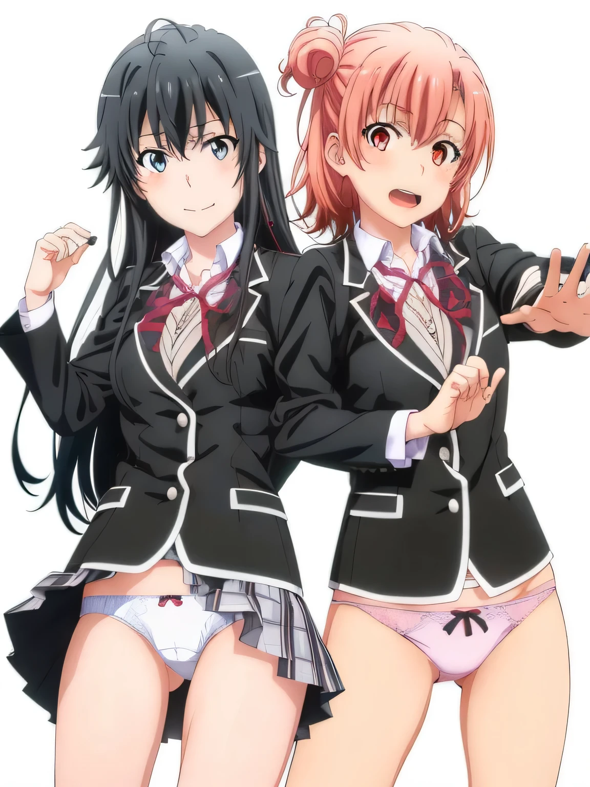 2 girls , Samburu background,Yukinoshita Yukino , Yuigahama Yui , waltz dance , school uniform,check skirt,(check skirt捲れる),(white panties),(pink panties),