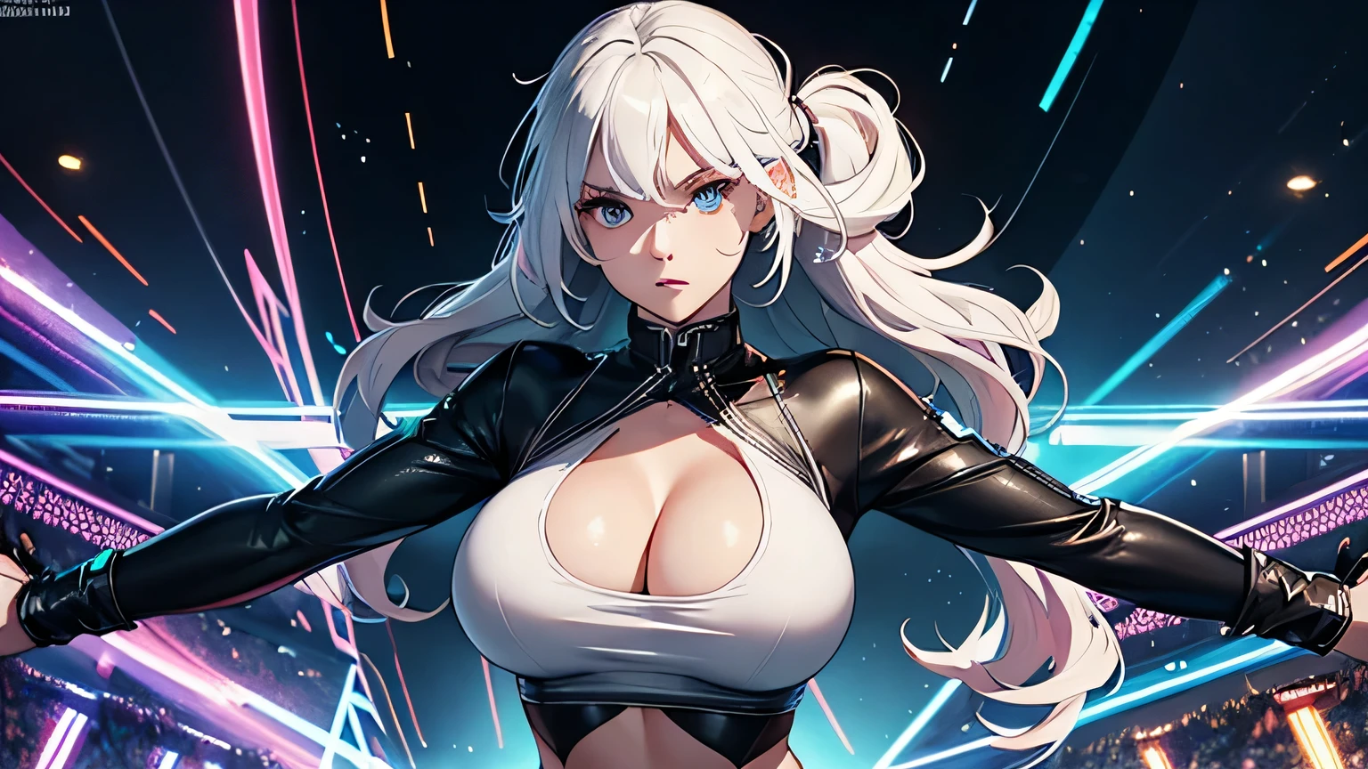 4K, A high resolution, Best quality at best, masterpiece, perfect colors, perfect shadow, perfect litghting, ((sportrait)), 1woman, fit body, heterochromia eyes,rainbow hair , blue eyes, With round lenses, The audience watched carefully, (s face: 1.2), Perfect female figure, ((dynamic pose)), ((rainbow Tight crop top leather suit)), ((shy and looking at viewer)), (Perfect thick white eyebrows) Delicate fur, 详细s face, s the perfect face, , (dynamic pose), big breast, open half breast