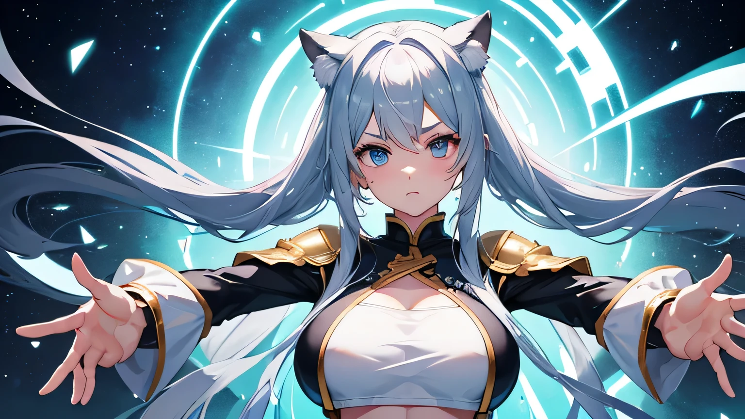 4K, A high resolution, Best quality at best, masterpiece, perfect colors, perfect shadow, perfect litghting, ((sportrait)), 1woman, perfect body, heterochromia eyes,rainbow hair , blue eyes, With round lenses, The audience watched carefully, (s face: 1.2), Perfect female figure, ((dynamic pose)), ((goldTight crop top gold leather suit)), ((shy and looking at viewer)), (Perfect thick white eyebrows) Delicate fur, 详细s face, s the perfect face, , (dynamic pose), big breast, ((open half breast))