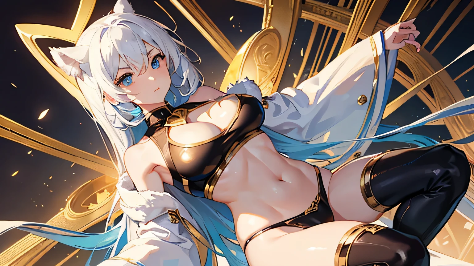 4K, A high resolution, Best quality at best, masterpiece, perfect colors, perfect shadow, perfect litghting, ((sportrait)), 1woman, perfect body, heterochromia eyes,rainbow hair , blue eyes, With round lenses, The audience watched carefully, (s face: 1.2), Perfect female figure, ((dynamic pose)), ((goldTight crop top gold leather suit)), ((shy and looking at viewer)), (Perfect thick white eyebrows) Delicate fur, 详细s face, s the perfect face, , (dynamic pose), big breast, ((open half breast))
