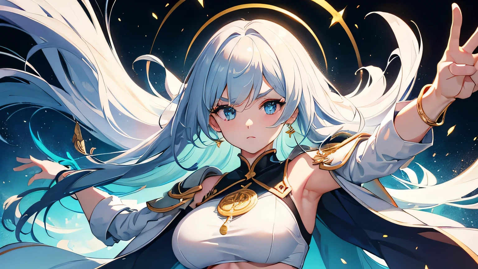 4K, A high resolution, Best quality at best, masterpiece, perfect colors, perfect shadow, perfect litghting, ((sportrait)), 1woman, perfect body, heterochromia eyes,rainbow hair , blue eyes, With round lenses, The audience watched carefully, (s face: 1.2), Perfect female figure, ((dynamic pose)), ((goldTight crop top gold leather suit)), ((shy and looking at viewer)), (Perfect thick white eyebrows) Delicate fur, 详细s face, s the perfect face, , (dynamic pose), big breast, ((open half breast))