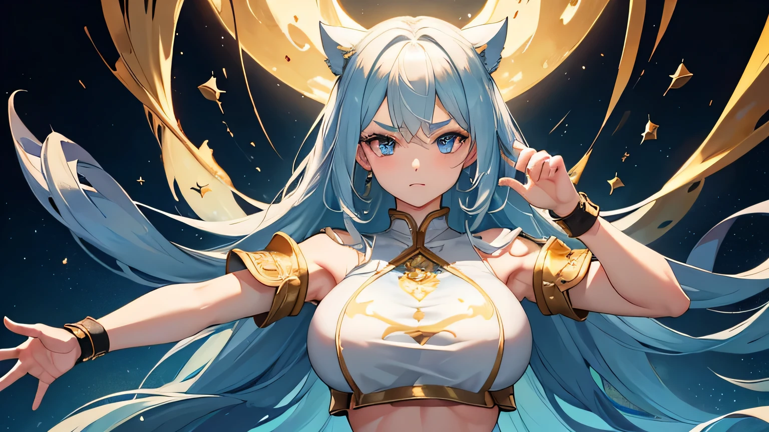 4K, A high resolution, Best quality at best, masterpiece, perfect colors, perfect shadow, perfect litghting, ((sportrait)), 1woman, perfect body, heterochromia eyes,rainbow hair , blue eyes, With round lenses, The audience watched carefully, (s face: 1.2), Perfect female figure, ((dynamic pose)), ((goldTight crop top gold leather suit)), ((shy and looking at viewer)), (Perfect thick white eyebrows) Delicate fur, 详细s face, s the perfect face, , (dynamic pose), big breast, ((open half breast))