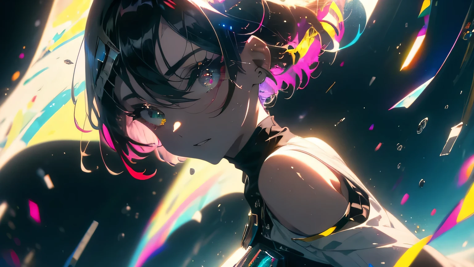anime wallpapers of a girl (woman, heterochromia eyes, Perfect female figure), ((hairstyle on:buzzcut,A dark-haired,Hair that shines when it catches the light)), lensflare, Dramatic makeup, smiling elegantly, Natural complexion,large full breasts,Diffuse reflection of light((colourfull:1.5)), background is a view of the space and stars, cosmic spaces, wide angle, blue crop top