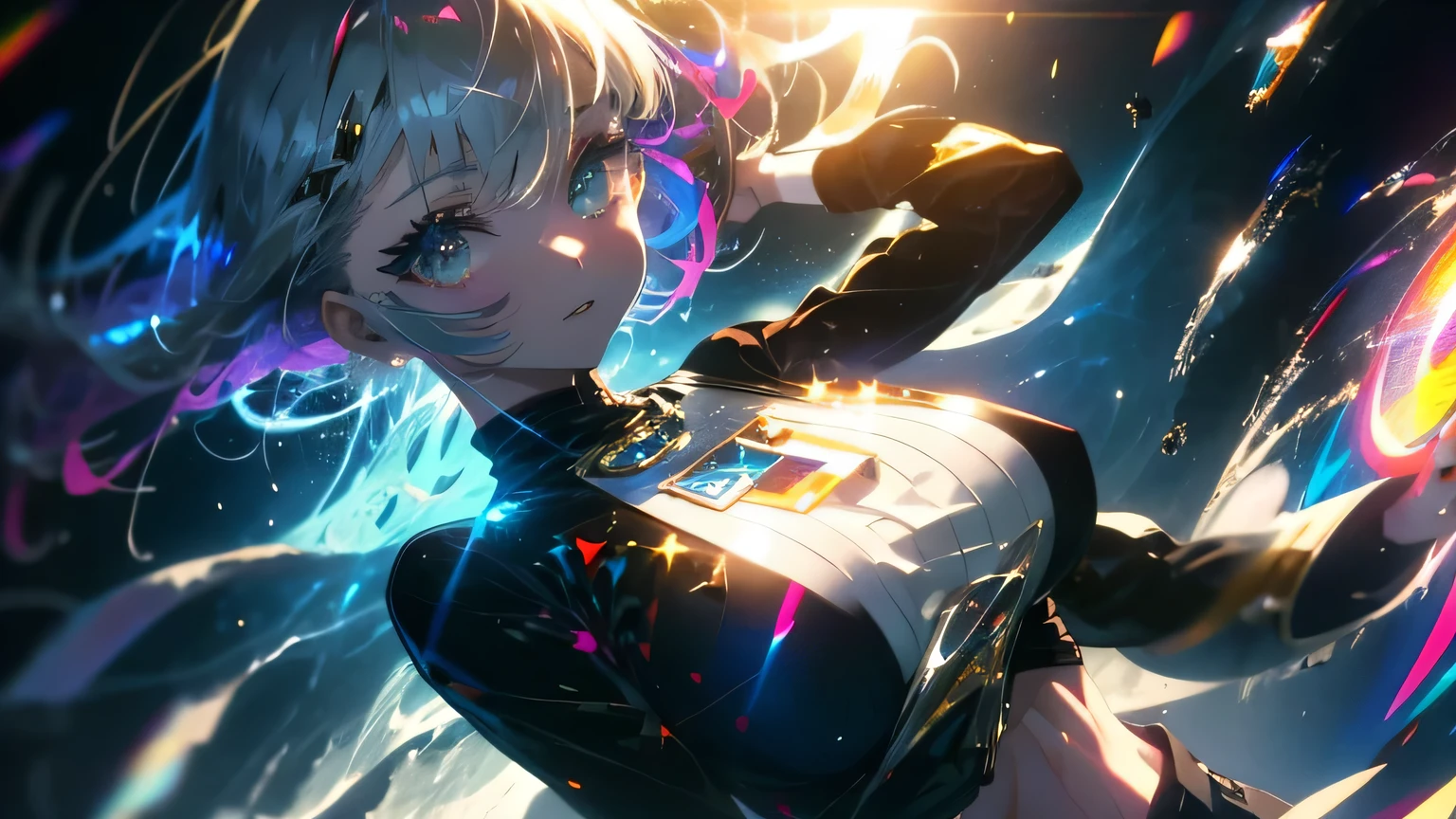 anime wallpapers of a girl (woman, heterochromia eyes, Perfect female figure), ((hairstyle on:buzzcut,A dark-haired,Hair that shines when it catches the light)), lensflare, Dramatic makeup, smiling elegantly, Natural complexion,large full breasts,Diffuse reflection of light((colourfull:1.5)), background is a view of the space and stars, cosmic spaces, wide angle, blue crop top