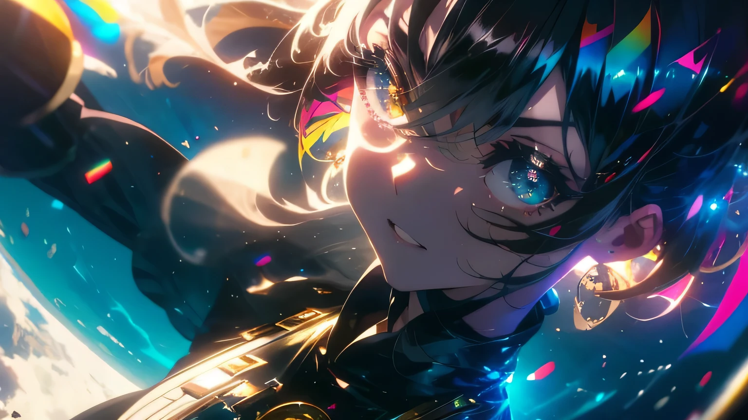 anime wallpapers of a girl (woman, heterochromia eyes, Perfect female figure), ((hairstyle on:buzzcut,A dark-haired,Hair that shines when it catches the light)), lensflare, Dramatic makeup, smiling elegantly, Natural complexion,large full breasts,Diffuse reflection of light((colourfull:1.5)), background is a view of the space and stars, cosmic spaces, wide angle, blue crop top