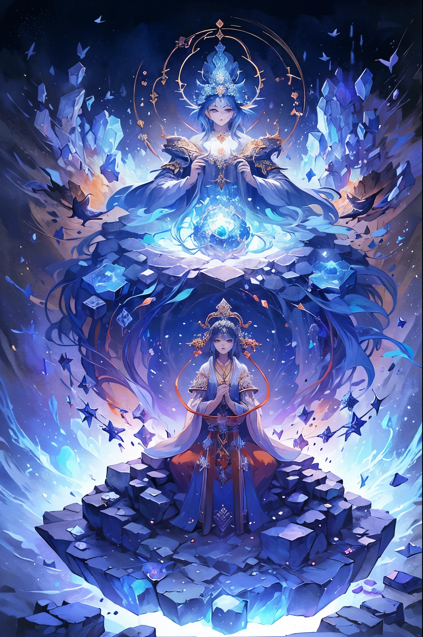 (bird&#39;eye view:1.5)，((A wizard stands in a shimmering ancient stone magic circle，Chanting a mantra:1.5))，(Constellations adjusted in a hexagonal red ray layout:1.5)，(Mysterious runes emit an illusory blue light:1.5)，when night falls, Surrounded by mysterious energy，This triggers the summoning of creatures，Whispering trees loom in the cracks of ethereal eyes，burning in darkness and fear，The earth is shaking，Exudes a mysterious and ominous atmosphere。