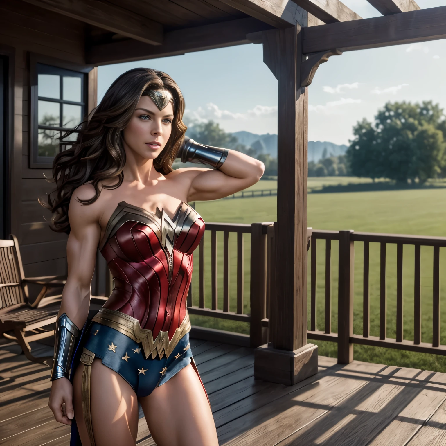 Kate Beckinsale as Wonder Woman on a porch of a farm house, (flexing bicep pose:1.3), long flowing hair, blue eyes, smiling, abs, Real Life, full bodyshot, (Ultra Realistic:1.4), Photorealism, Photography, 8K UHD, Photo, HDR, Complex and Elegant, Highly Detailed, Sharp Focus, Stunning, Beautiful, (Gorgeous: 1.2), Best Quality 1:1, Ultra Detail: 1.4, Best Shadows, (8k: 1.1), (beautiful detailed face), high contrast, (perfect lighting: 1.2), ((cinematic light)), colorful, hyper-detail, dramatic light, intricate detail, photograph by arny freytag, 21 years old