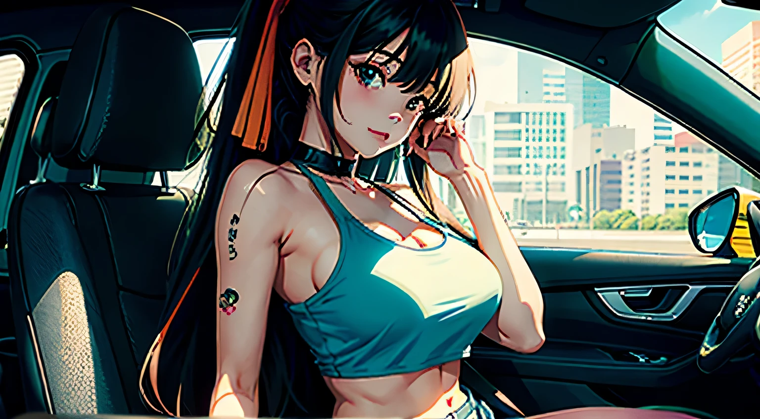 4K, A high resolution, Best quality at best, masterpiece, perfect colors, perfect shadow, perfect litthing, ((sportrait)), Anime girl sitting in car with hand on chin, Anime visuals of cute girls, Seductive Anime Girl, charming anime girls, anime styled, High quality anime art style, Beautiful anime girl, young anime girl, Anime Girl, Anime Girl with Long Hair, tight crop top, big breast, half breast open, background is Tokyo city 80s, an anime girl, Cute anime girl