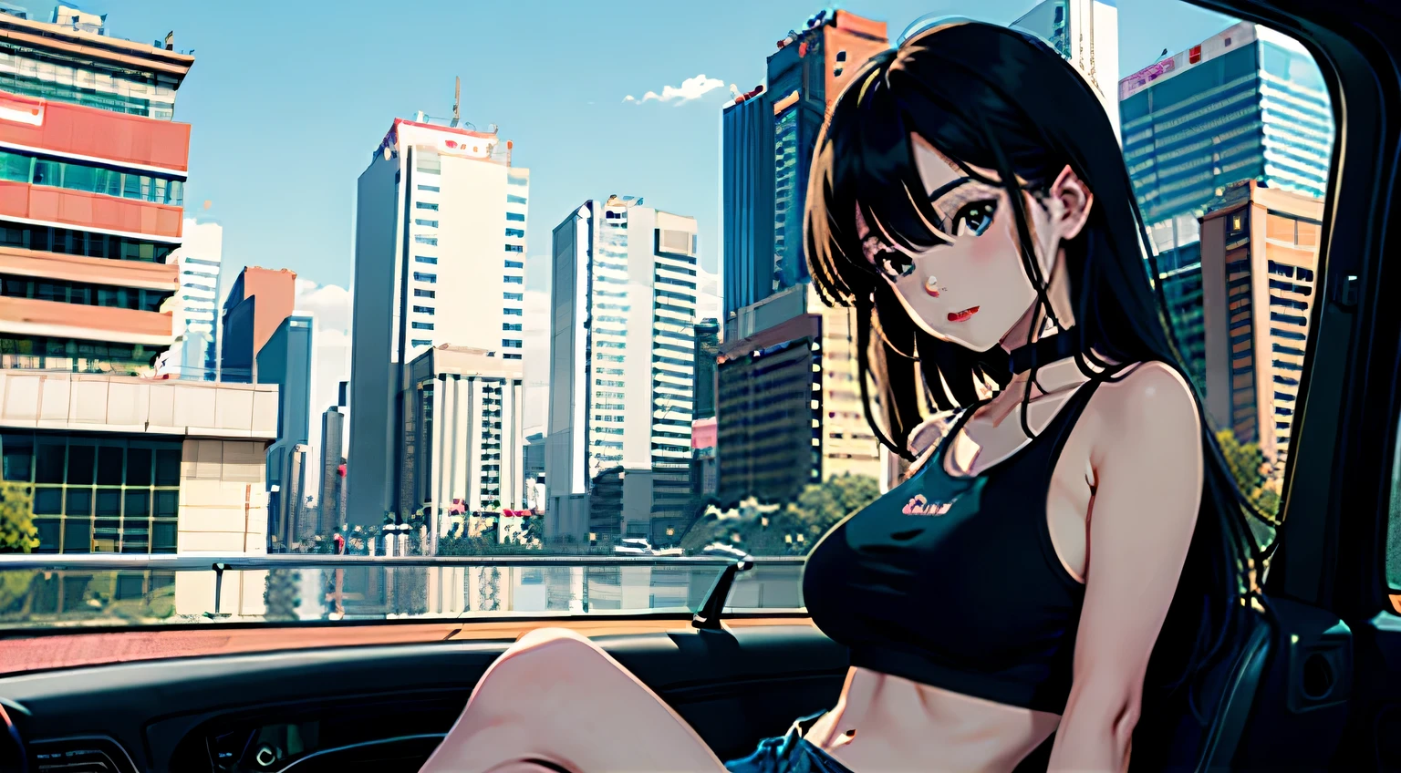 4K, A high resolution, Best quality at best, masterpiece, perfect colors, perfect shadow, perfect litthing, ((sportrait)), Anime girl sitting in car with hand on chin, Anime visuals of cute girls, Seductive Anime Girl, charming anime girls, anime styled, High quality anime art style, Beautiful anime girl, young anime girl, Anime Girl, Anime Girl with Long Hair, tight crop top, big breast, half breast open, background is Tokyo city 80s, an anime girl, Cute anime girl