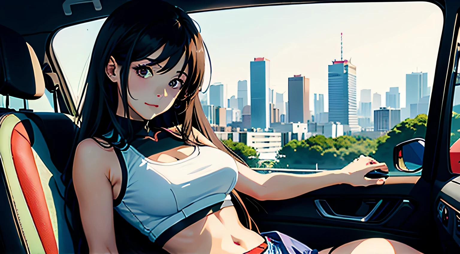 4K, A high resolution, Best quality at best, masterpiece, perfect colors, perfect shadow, perfect litthing, ((sportrait)), Anime girl sitting in car with hand on chin, Anime visuals of cute girls, Seductive Anime Girl, charming anime girls, anime styled, High quality anime art style, Beautiful anime girl, young anime girl, Anime Girl, Anime Girl with Long Hair, tight crop top, big breast, half breast open, background is Tokyo city 80s,  an anime girl, Cute anime girl