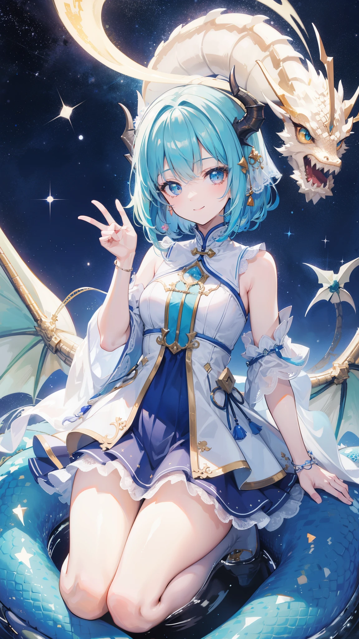 32k, highest quality, expensive_solve, clear_image, detailed background, cute girl, plain, starry sky, Beautiful modeling, smile, ((dragon)),