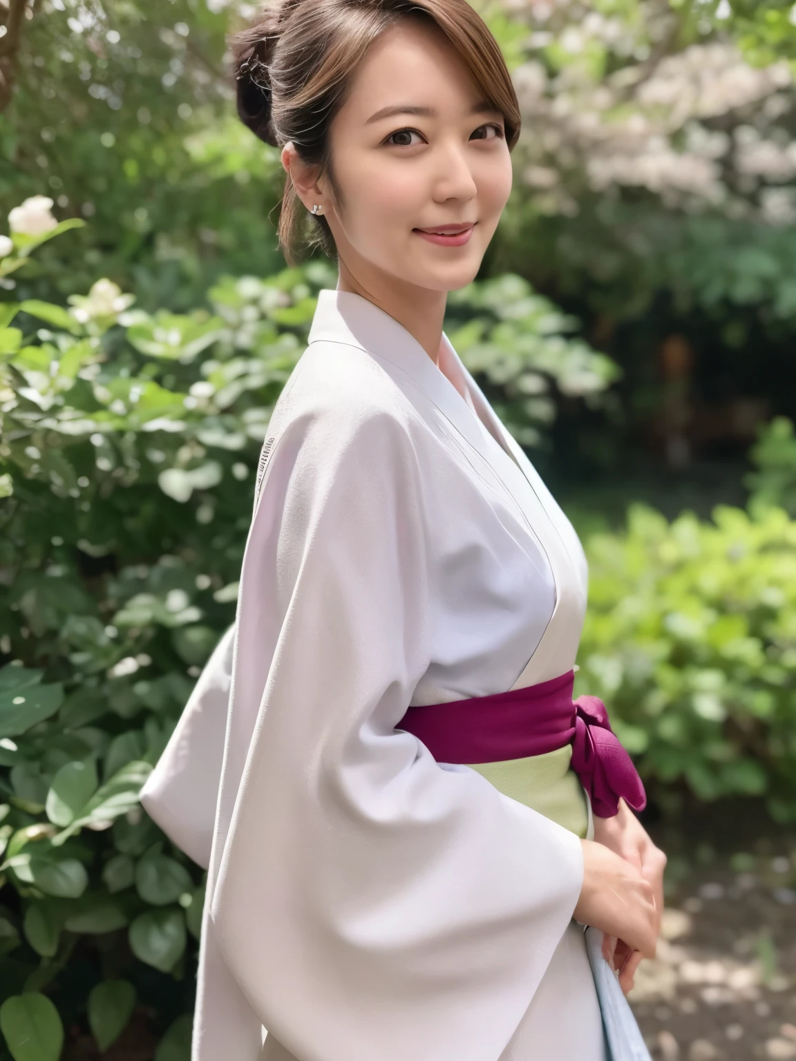 high quality,8k, 1girl, solo,smiling,slender ,upper body ,(hair up),shot,wearing Kimono, in a botanic garden