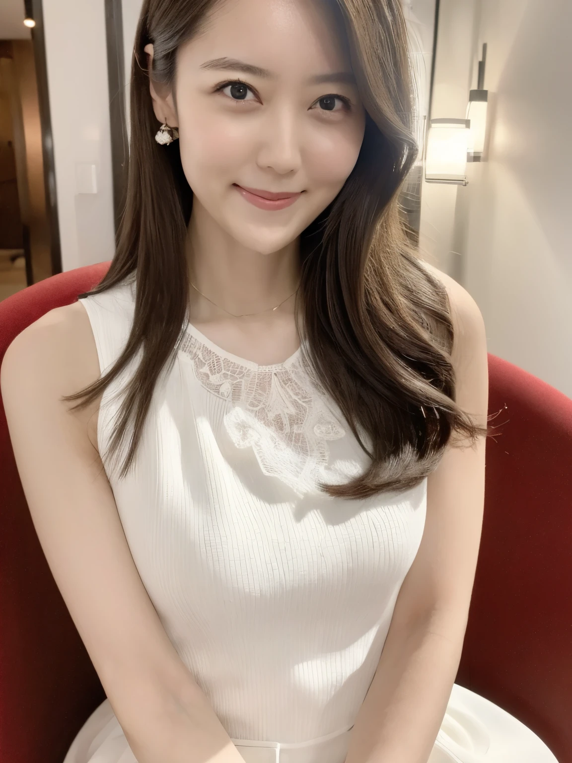 (best quality,highres,ultra-detailed),((portrait )),8k, 1girl, solo,smiling,slender ,wearing a white dress, upper body shot,on chair, in caffe,