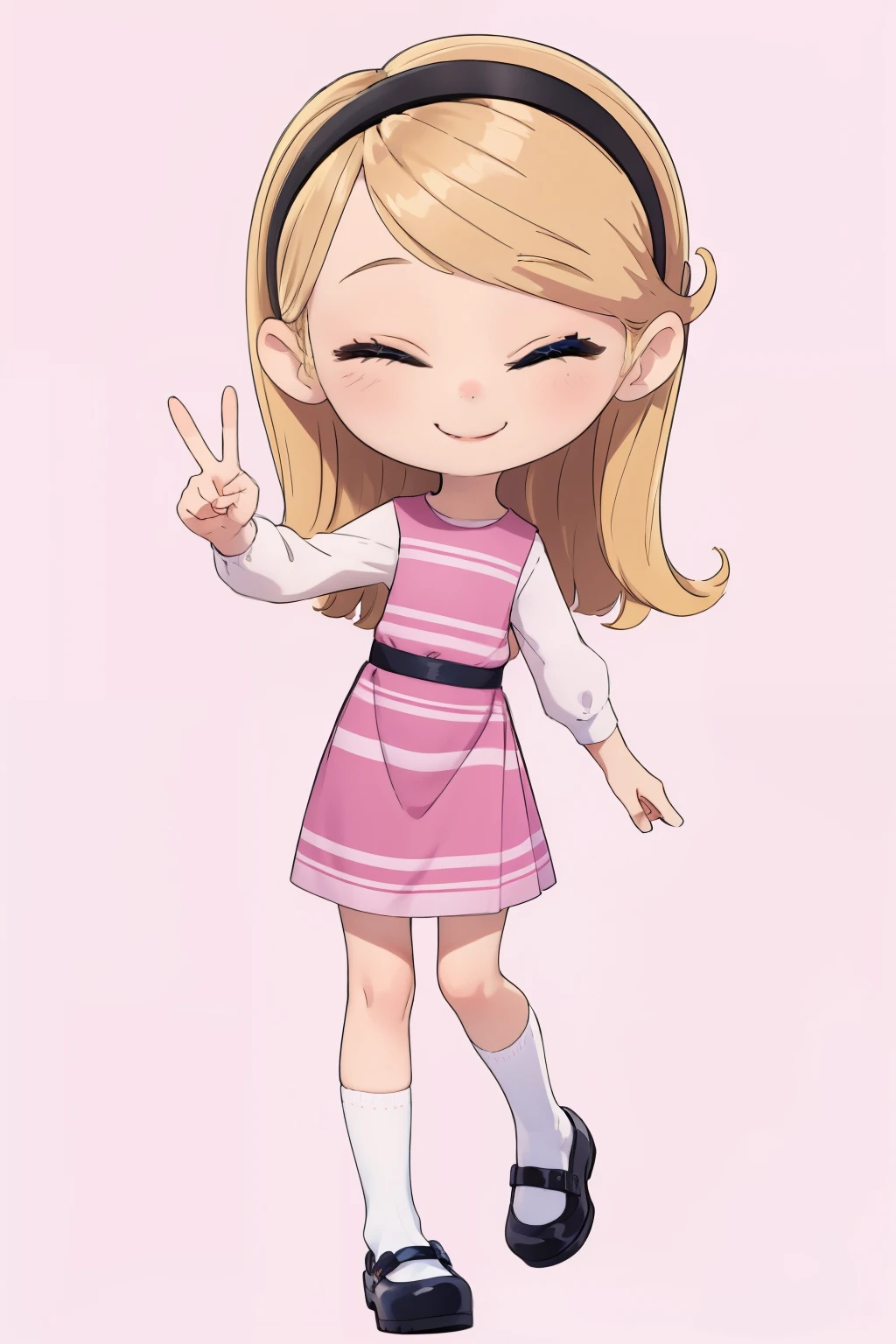 (((Masterpiece))), 1girl, one eye closed, peace sign, cute smile, cute art, cute, kawaii, left eye closed looking at viewer, high quality, blonde hair, blue eyes, long hair, hairband, pink dress, white long tube socks, happy, pink background,