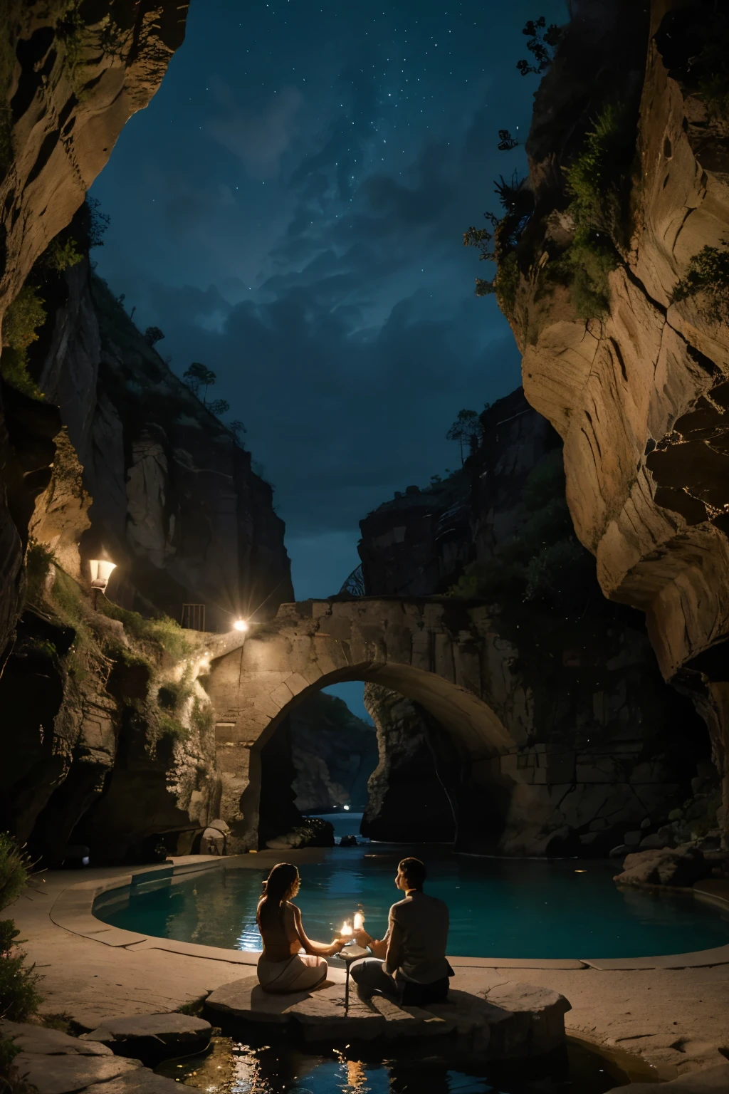 luxury holiday in scenic landscape amongst nature, natural pool water, in a canyon, man and woman middle age together happy, at night time with stars moon and candle light