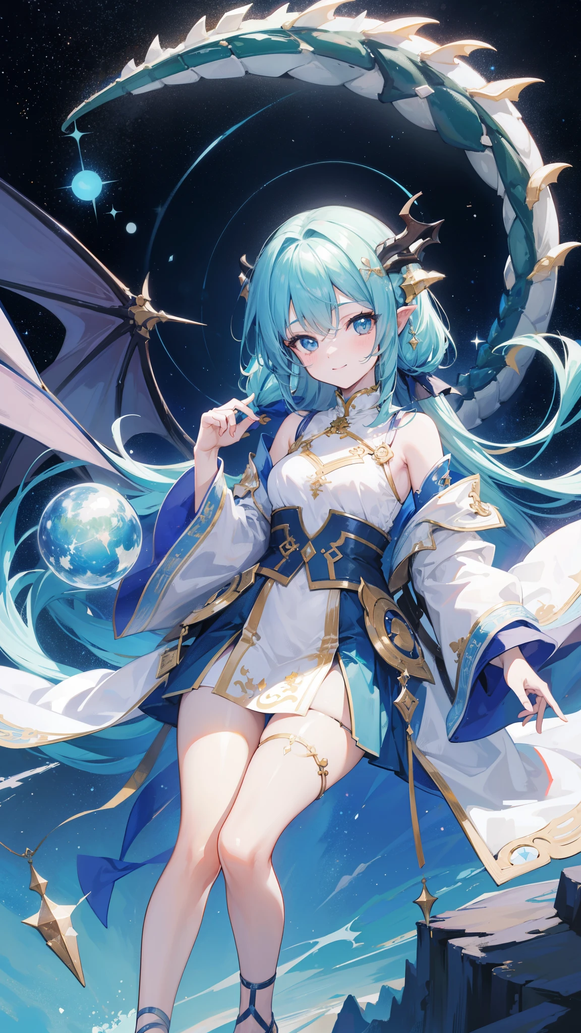 32k, highest quality, expensive_solve, clear_image, detailed background, cute girl, plain, starry sky, Beautiful modeling, smile, ((dragon)),