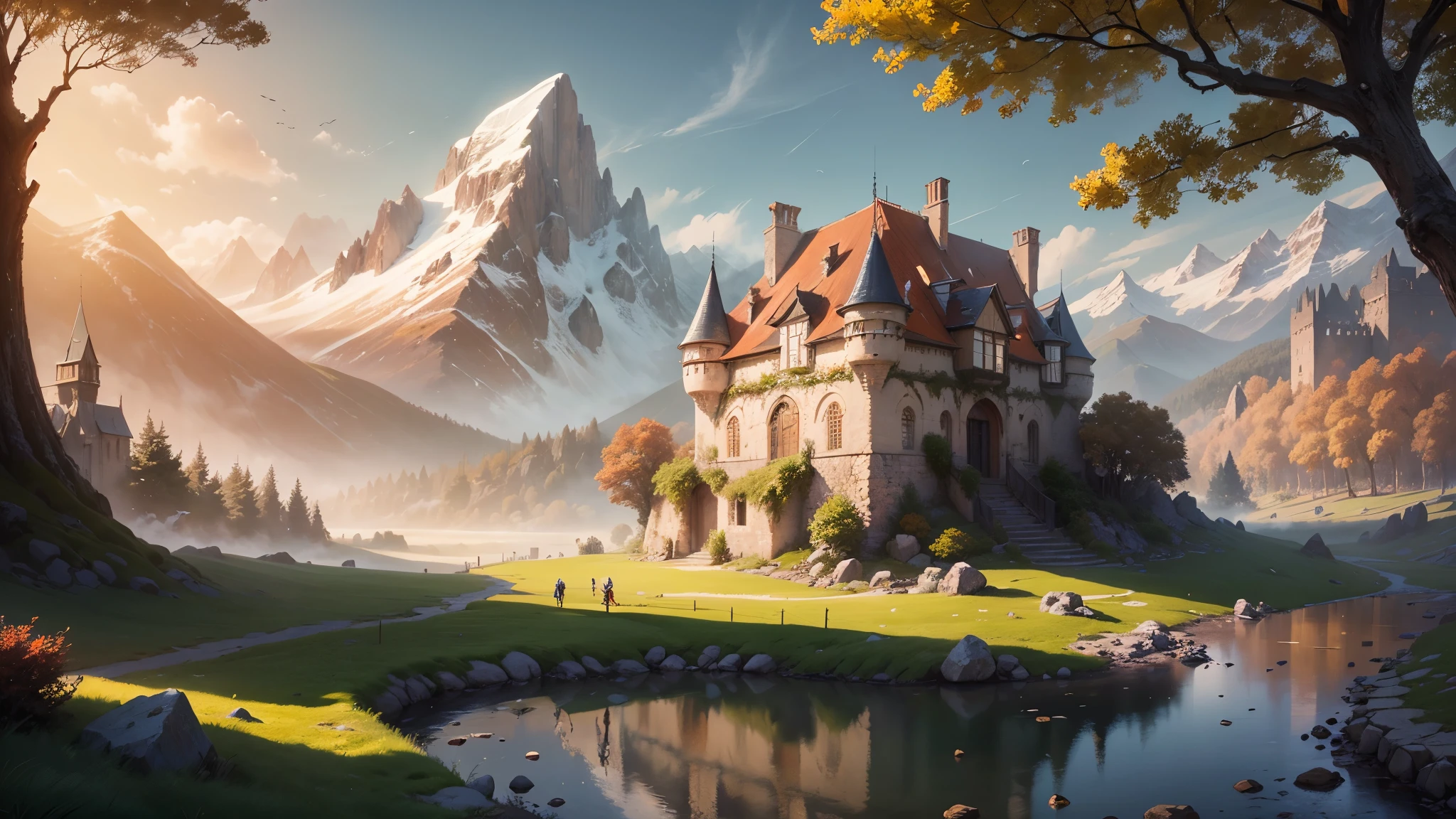 medieval city, fantasy, D&D, concept art, sharp focus, trending on artstation, digital painting, midday, sunny, beautiful, texture, wizards of the coast, tabletop, roleplay, stone and wooden building materials, european culture, mountains, (red roof:1.2), trees, bushes, castle, autumn