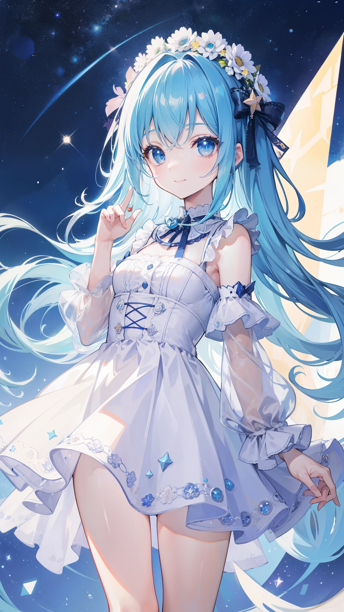 32k, highest quality, expensive_solve, clear_image, detailed background, cute girl, plain, starry sky, Beautiful modeling, smile,