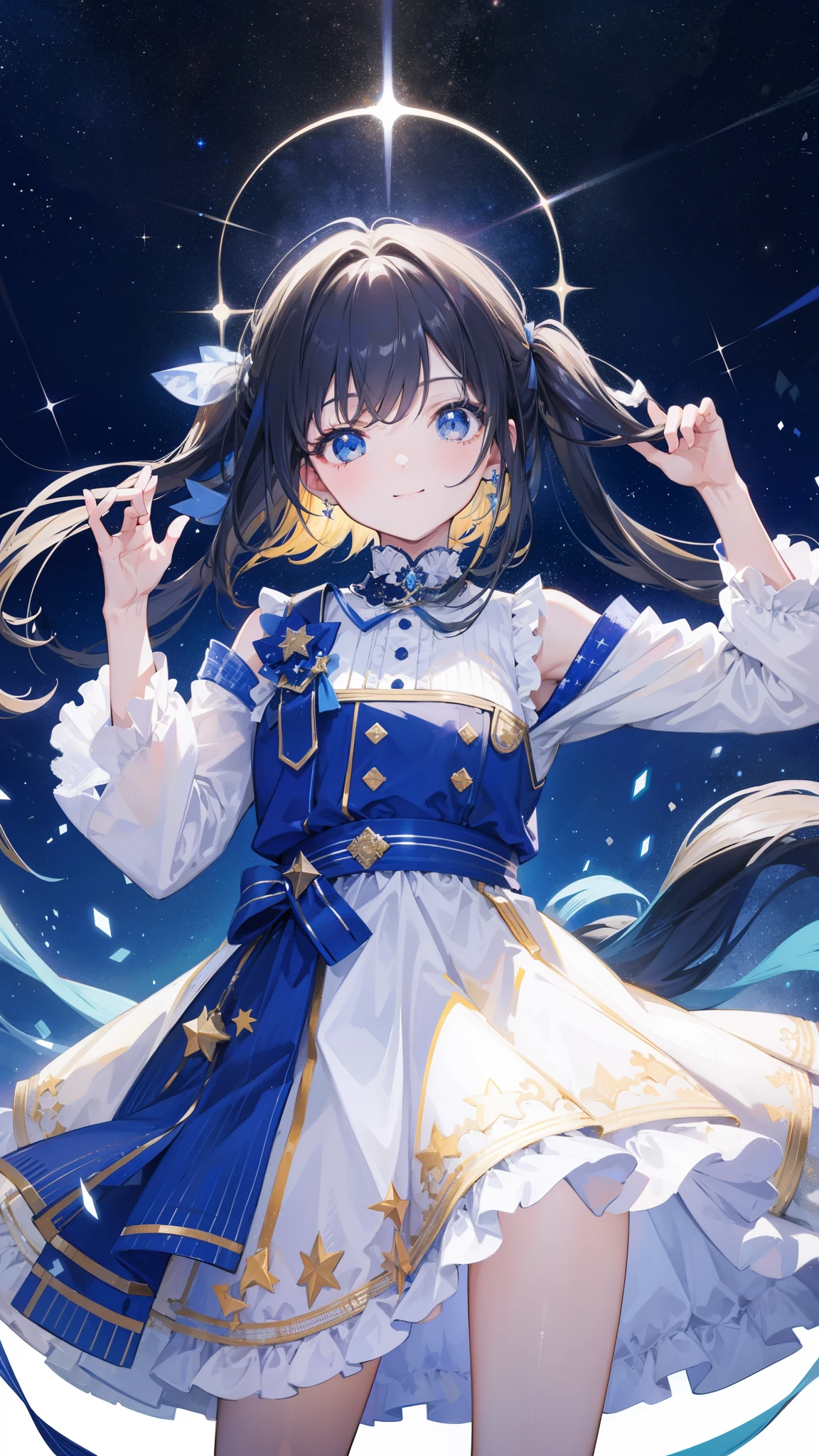 32k, highest quality, expensive_solve, clear_image, detailed background, cute girl, plain, starry sky, Beautiful modeling, smile, 