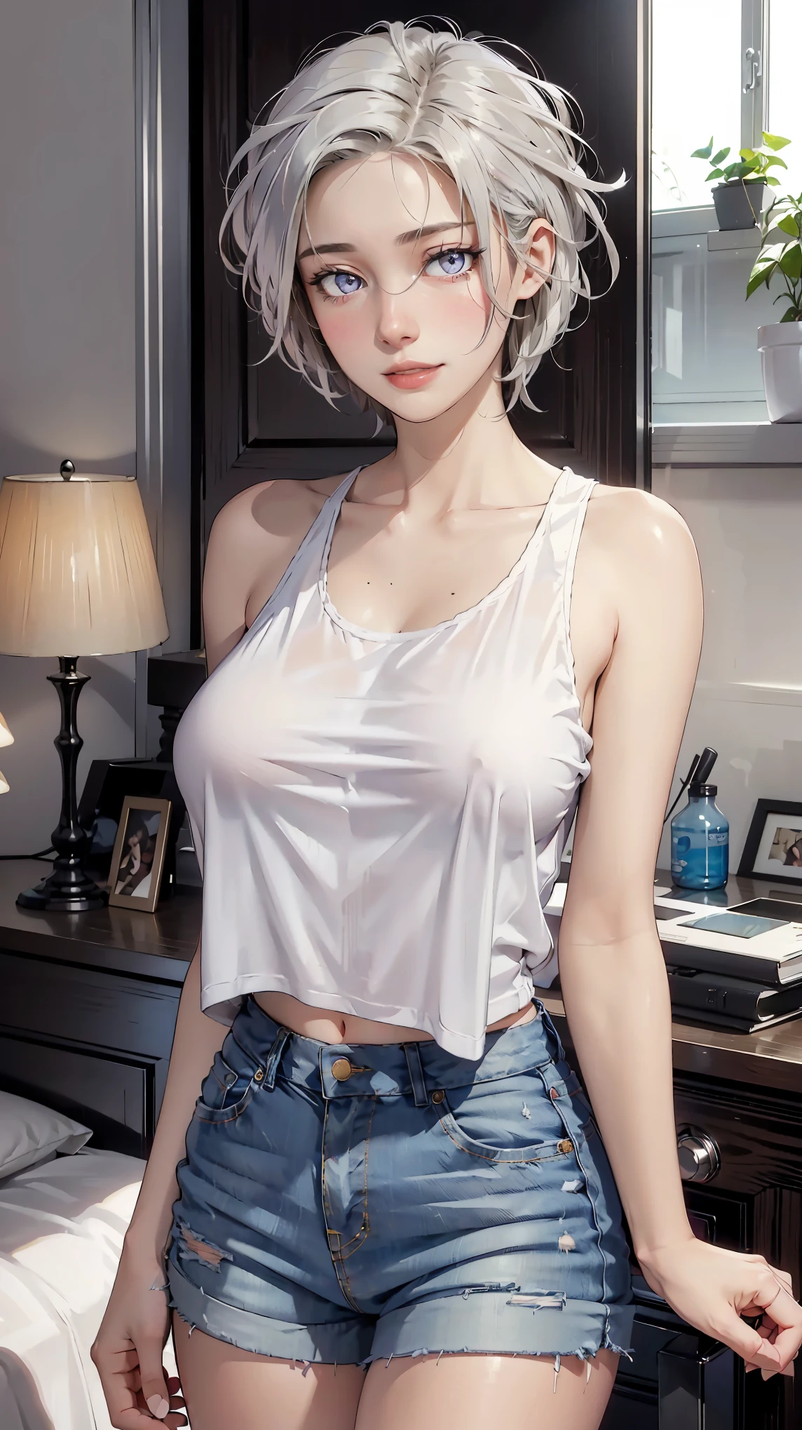 ((((masterpiece, best quality, high resolution)))), (1girl:1.5), ((short silky hair, white hair, purple eyes, sharp eyes)), (big perky breasts:1.2), (blushing red, embarrassed), (smile, parted lips), glow, thighs, bare shoulders, collarbone, narrow waist, (slender body figure), (beautiful detailed face, beautiful detailed eyes), ((white cropped tank top, jeans shorts)), (standing up), looking at viewer, bedroom, (cowboy shot)