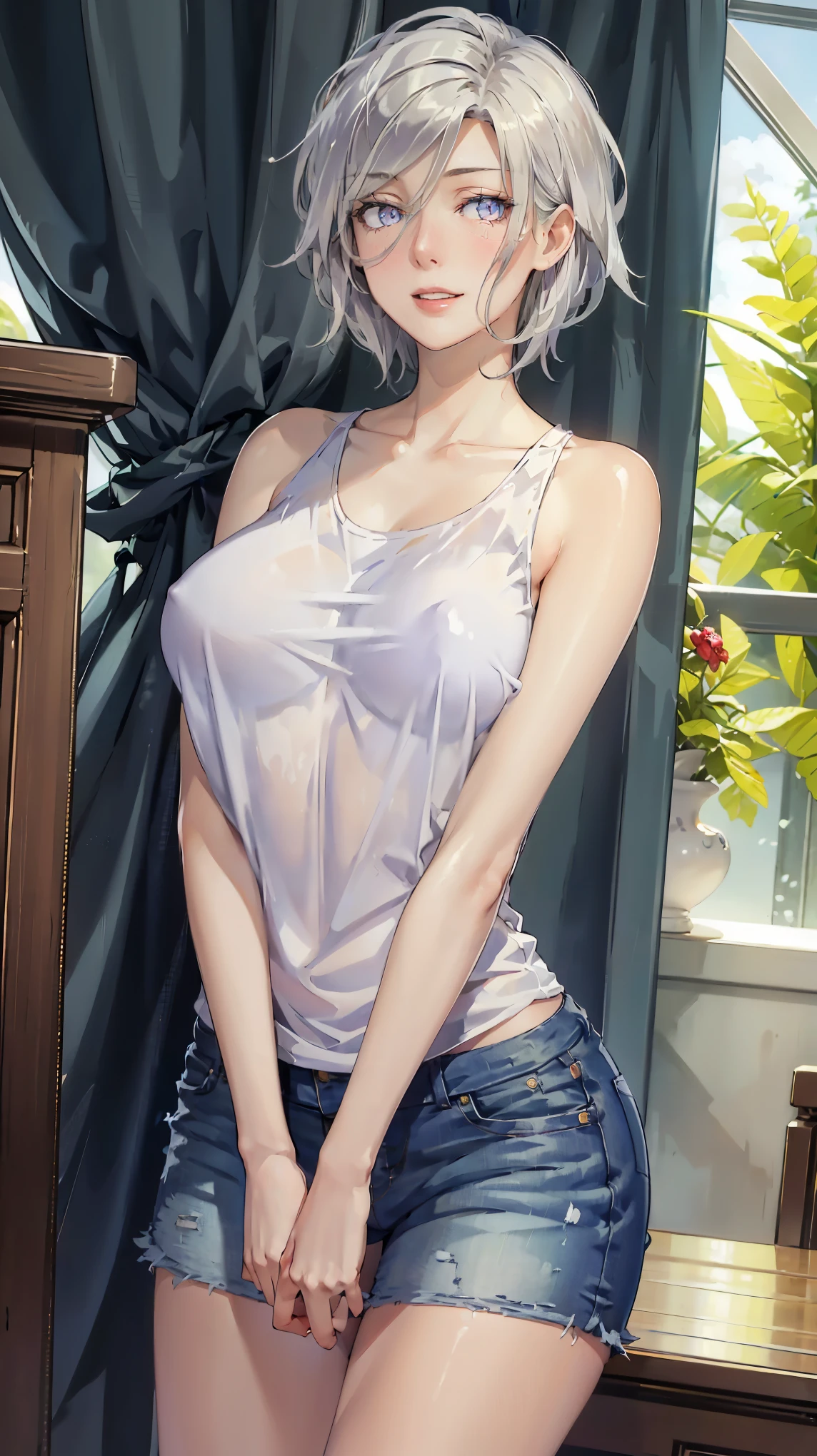 ((((masterpiece, best quality, high resolution)))), (1girl:1.5), ((short silky hair, white hair, purple eyes, sharp eyes)), (big perky breasts:1.2), (blushing red, embarrassed), (smile, parted lips), glow, thighs, bare shoulders, collarbone, narrow waist, (slender body figure), (beautiful detailed face, beautiful detailed eyes), ((white cropped tank top, jeans shorts)), (standing up), looking at viewer, bedroom, (cowboy shot)