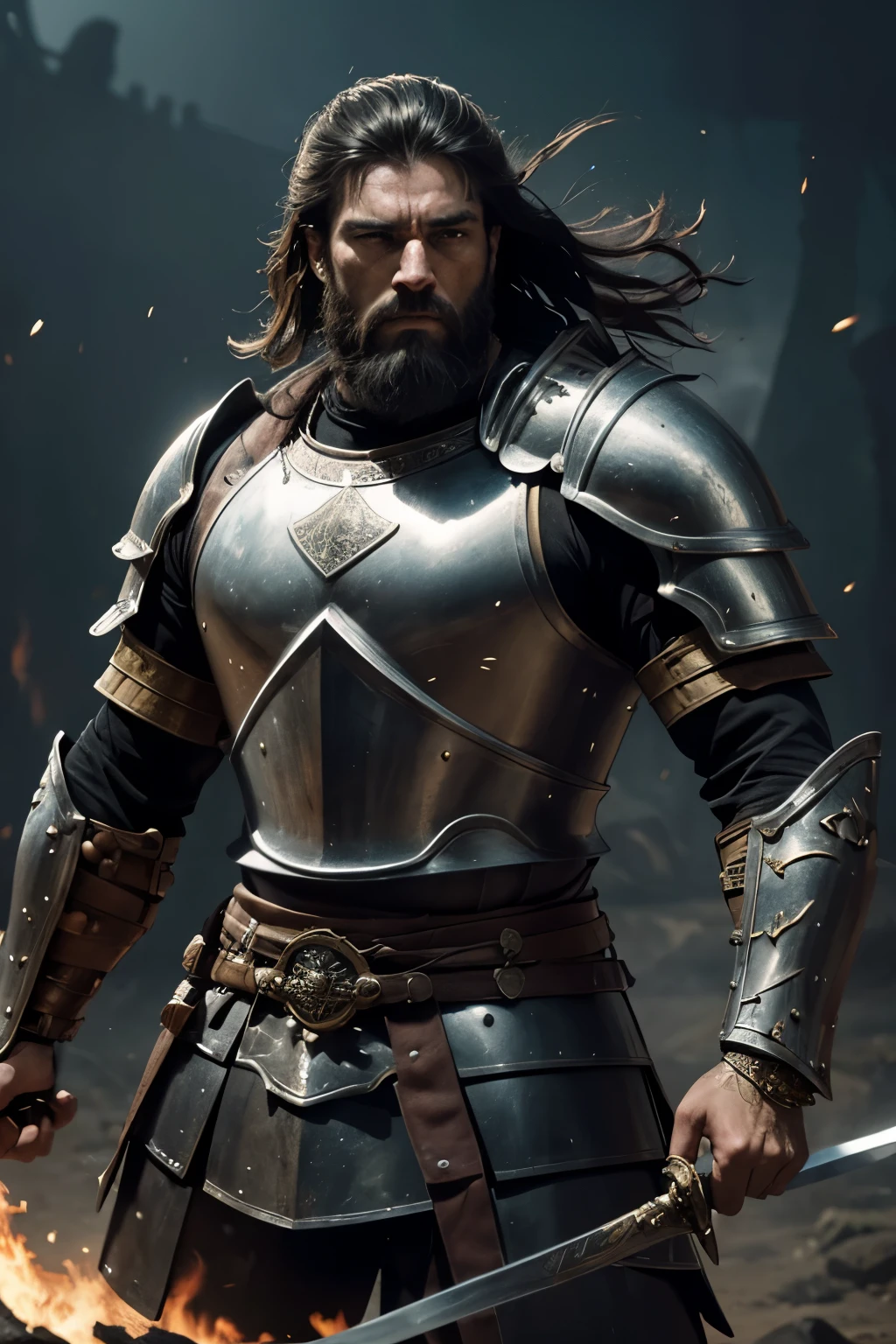 (best quality,4k,highres),a warrior with short hair and beard,wearing a leather armor and wielding two swords,detailed face,detailed armor,extraordinary strength and power,confident and determined expression,heroic pose,muscular physique,medieval setting,warrior with rugged features and scars,intense battle scene,dramatic lighting,strong and imposing presence,dynamic action,warrior in the heat of battle,battle-worn armor and weapons,warrior in a defensive stance with a determined look,medieval battlefield with smoke and dust,fierce and fearless warrior,expertly crafted armor and weapons,exquisite details on the swords and armor,heavy and sturdy armor,embodies the spirit of a true warrior,bold and fearless warrior ready for any challenge,warrior with an intimidating presence,energetic and intense battle scene,strong and nuanced facial expressions,authentic and realistic depiction of a warrior,medieval warrior in a epic fight,authentic medieval atmosphere and setting,vivid colors and rich textures,gritty and realistic portrayal of a warrior,highly detailed and lifelike rendering.